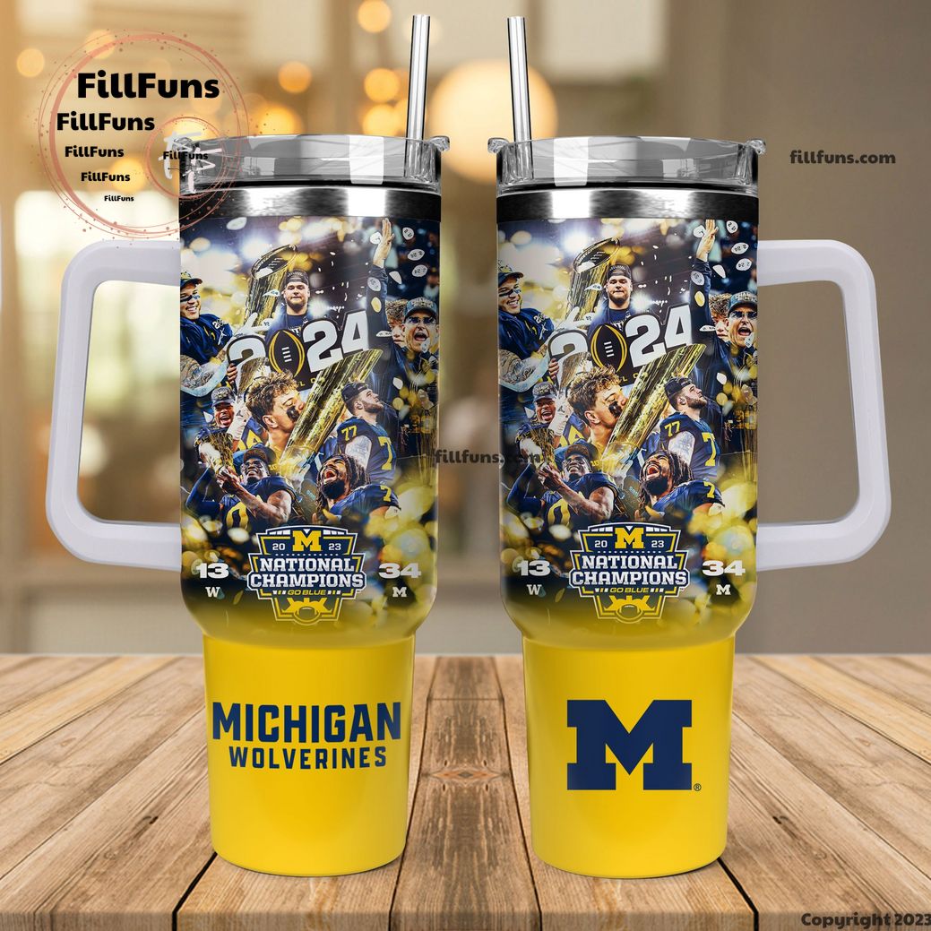 Michigan Wolverines College Football Playoff 2023 National Champions NCAA Custom Stanley Quencher 40oz Stainless Steel Tumbler With Handle