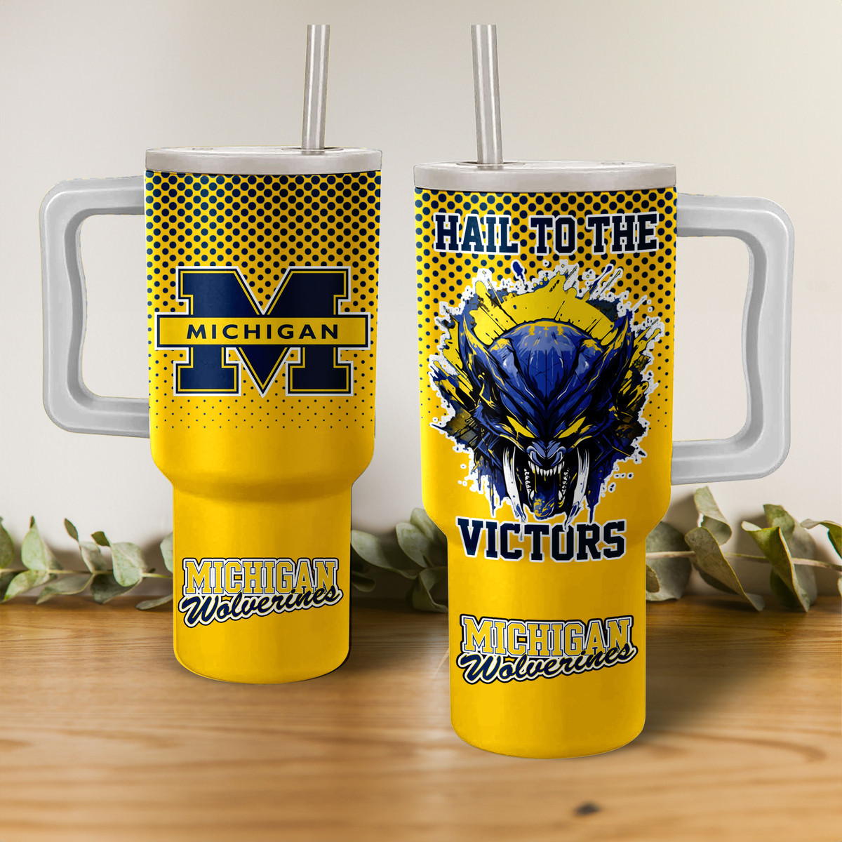 Michigan Wolverines NCAA Custom Stanley Quencher 40oz Stainless Steel Tumbler With Handle