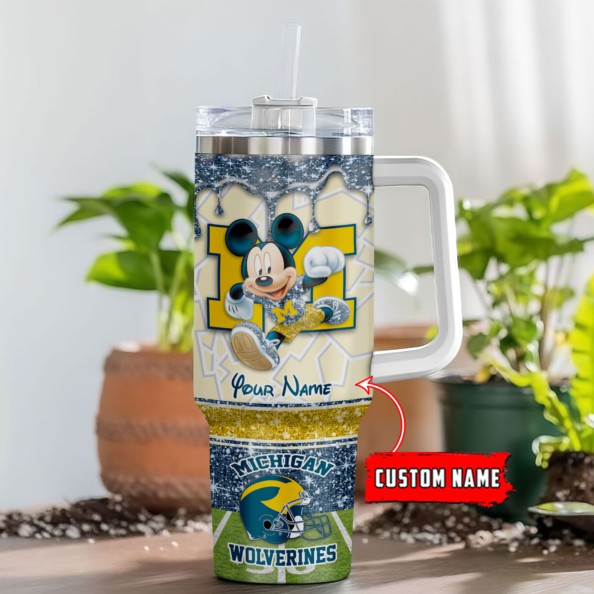 Michigan Wolverines NCAA Mickey Mouse Glitter Custom Stanley Quencher 40oz Stainless Steel Tumbler With Handle