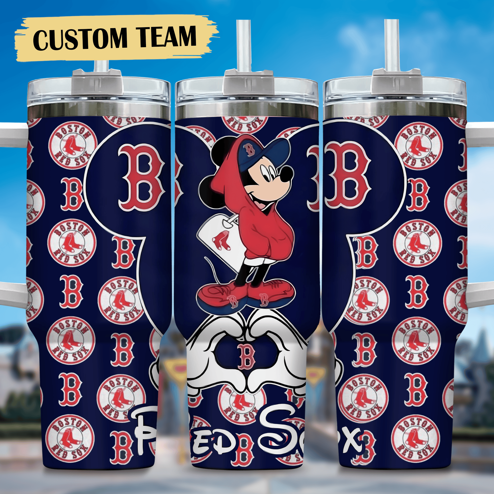 Mickey And Boston Red Sox Cartoon,MLB Custom Stanley Quencher 40oz Stainless Steel Tumbler With Handle