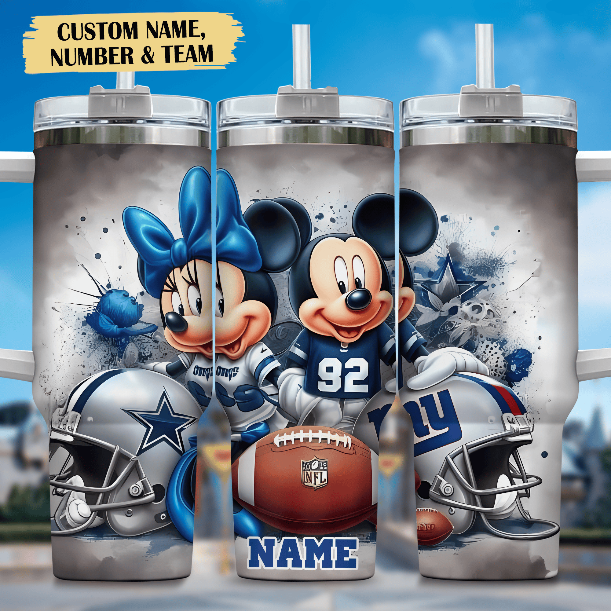 Mickey and Minnie and New York Giants Cartoon,NFL Custom Stanley Quencher 40oz Stainless Steel Tumbler With Handle