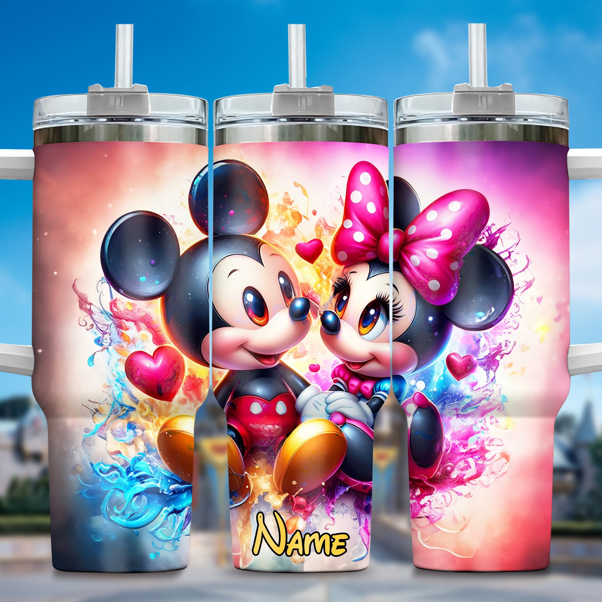 Mickey And Minnie Cartoon Custom Stanley Quencher 40oz Stainless Steel Tumbler With Handle