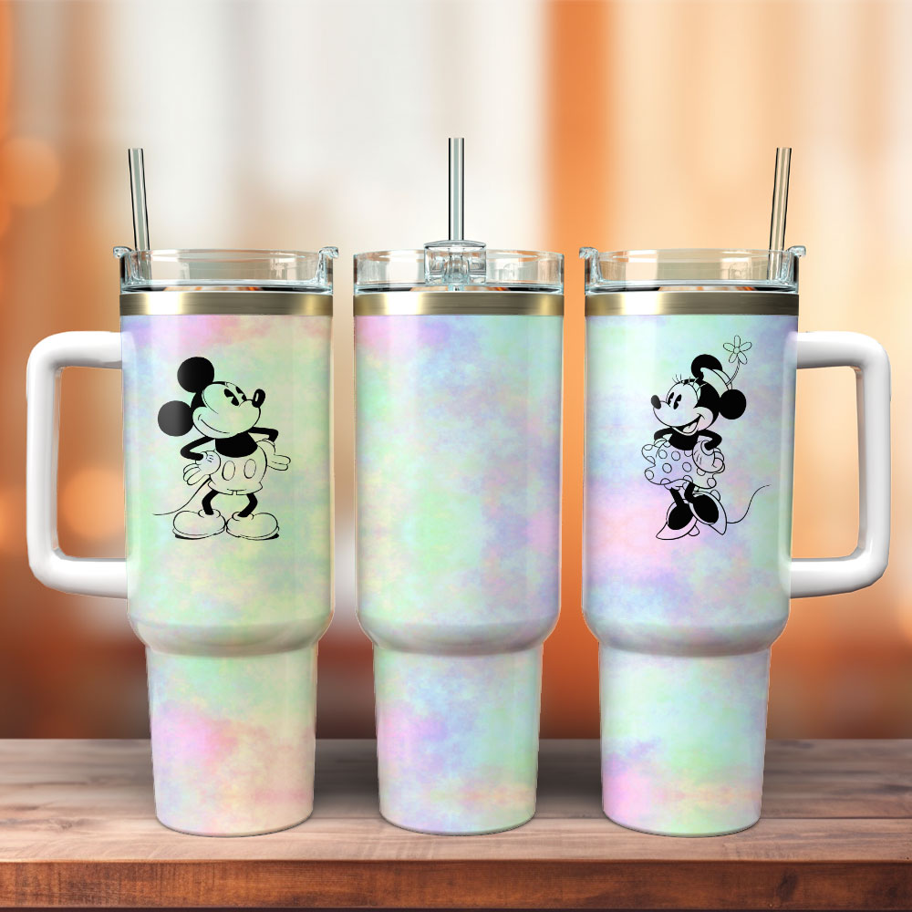 Mickey And Minnie Cartoon Custom Stanley Quencher 40oz Stainless Steel Tumbler With Handle