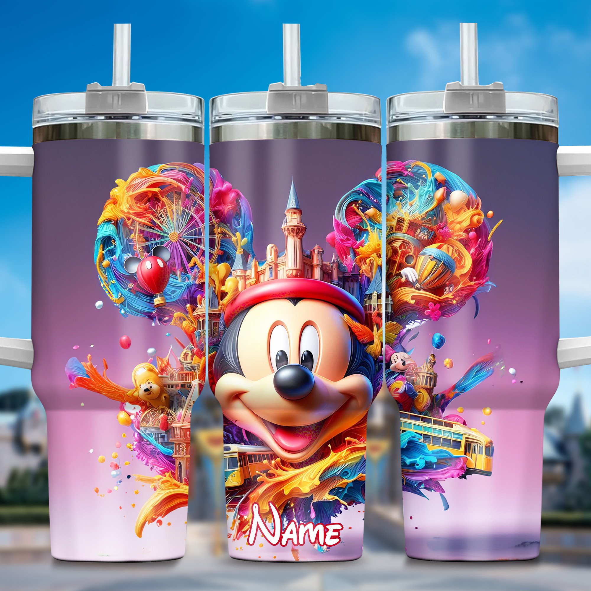 Mickey And Minnie Cartoon Custom Stanley Quencher 40oz Stainless Steel Tumbler With Handle