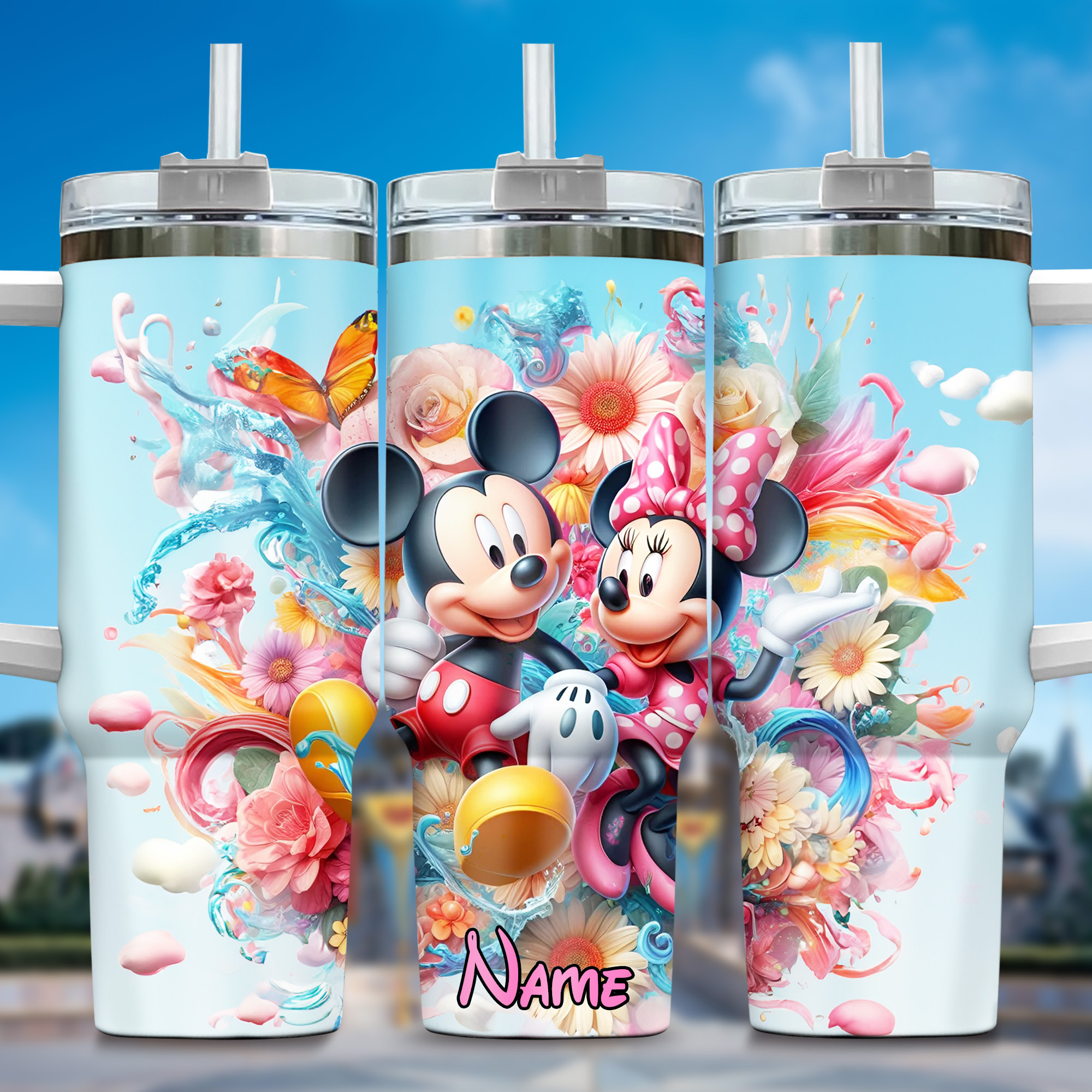 Mickey And Minnie Cartoon Custom Stanley Quencher 40oz Stainless Steel Tumbler With Handle