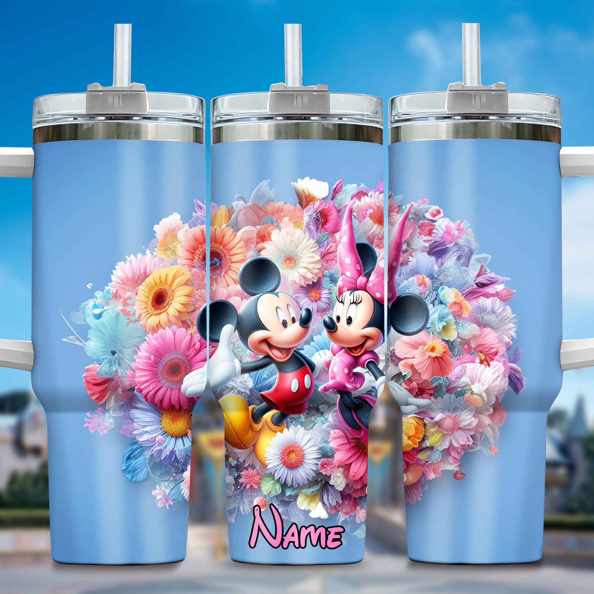 Mickey And Minnie Cartoon Custom Stanley Quencher 40oz Stainless Steel Tumbler With Handle
