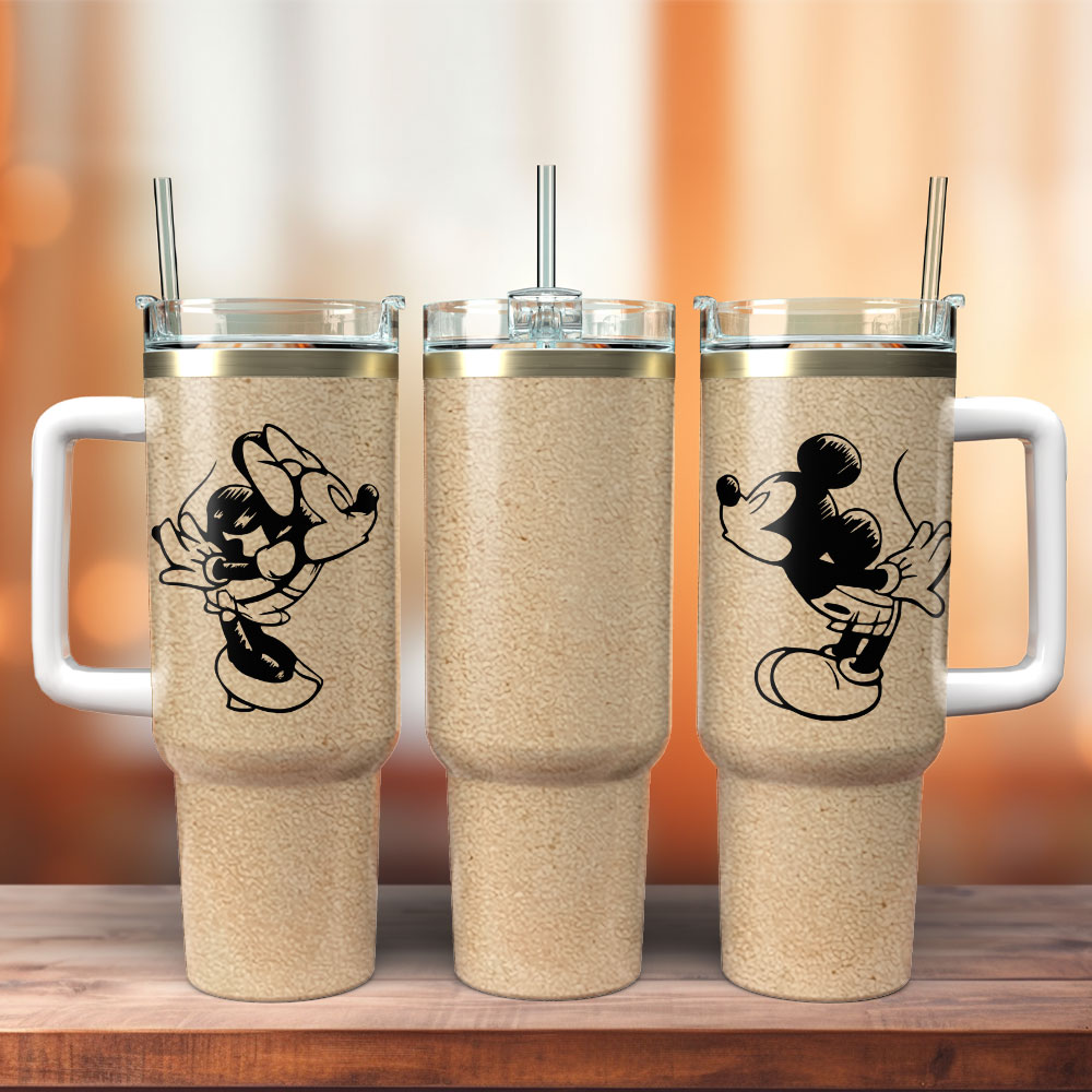 Mickey And Minnie Cartoon Custom Stanley Quencher 40oz Stainless Steel Tumbler With Handle