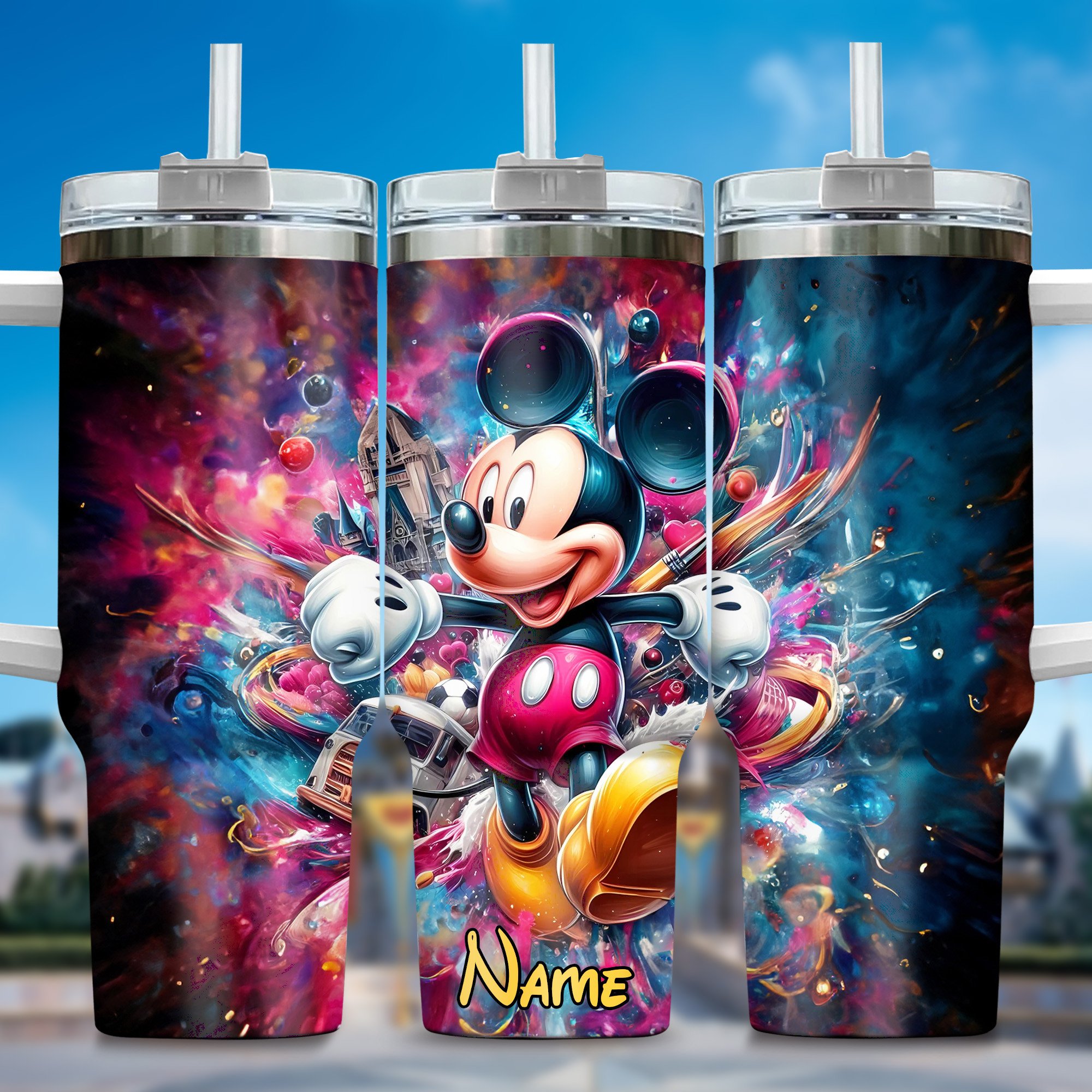 Mickey And Minnie Cartoon Custom Stanley Quencher 40oz Stainless Steel Tumbler With Handle