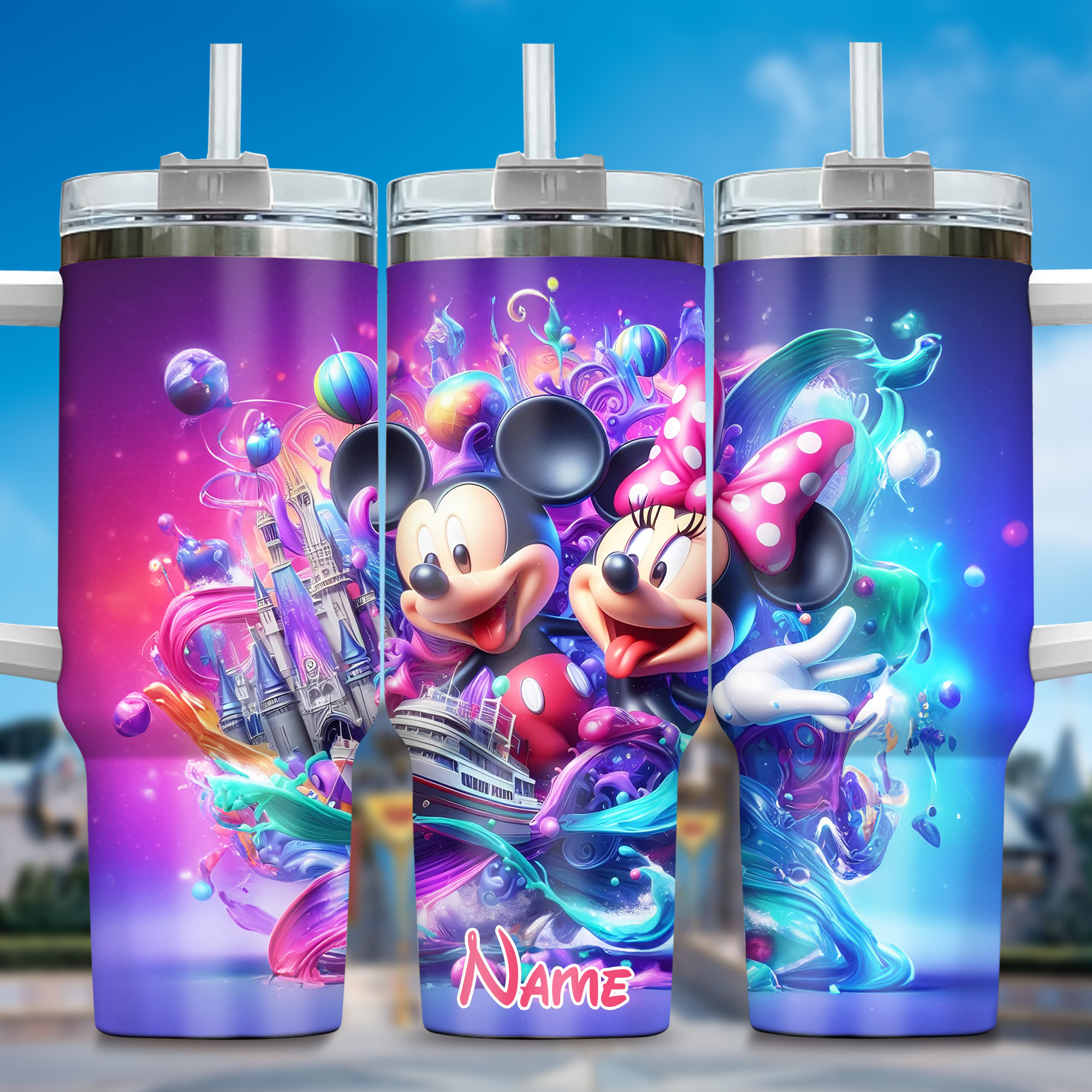 Mickey And Minnie Cartoon Custom Stanley Quencher 40oz Stainless Steel Tumbler With Handle