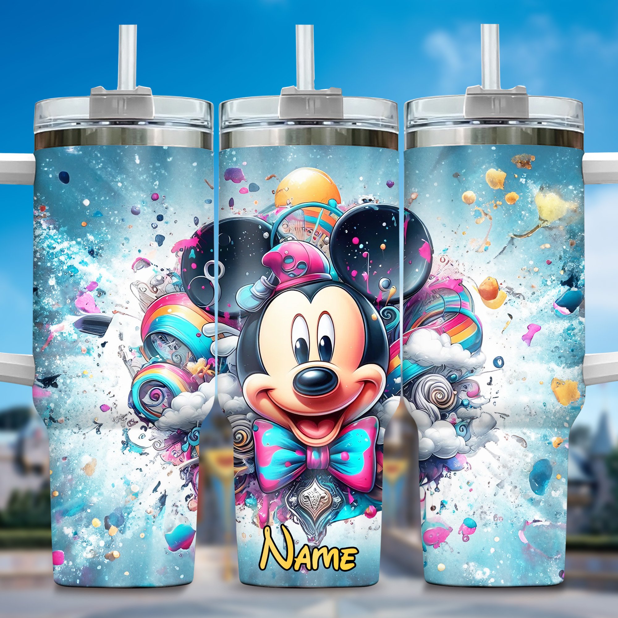 Mickey And Minnie Cartoon Custom Stanley Quencher 40oz Stainless Steel Tumbler With Handle