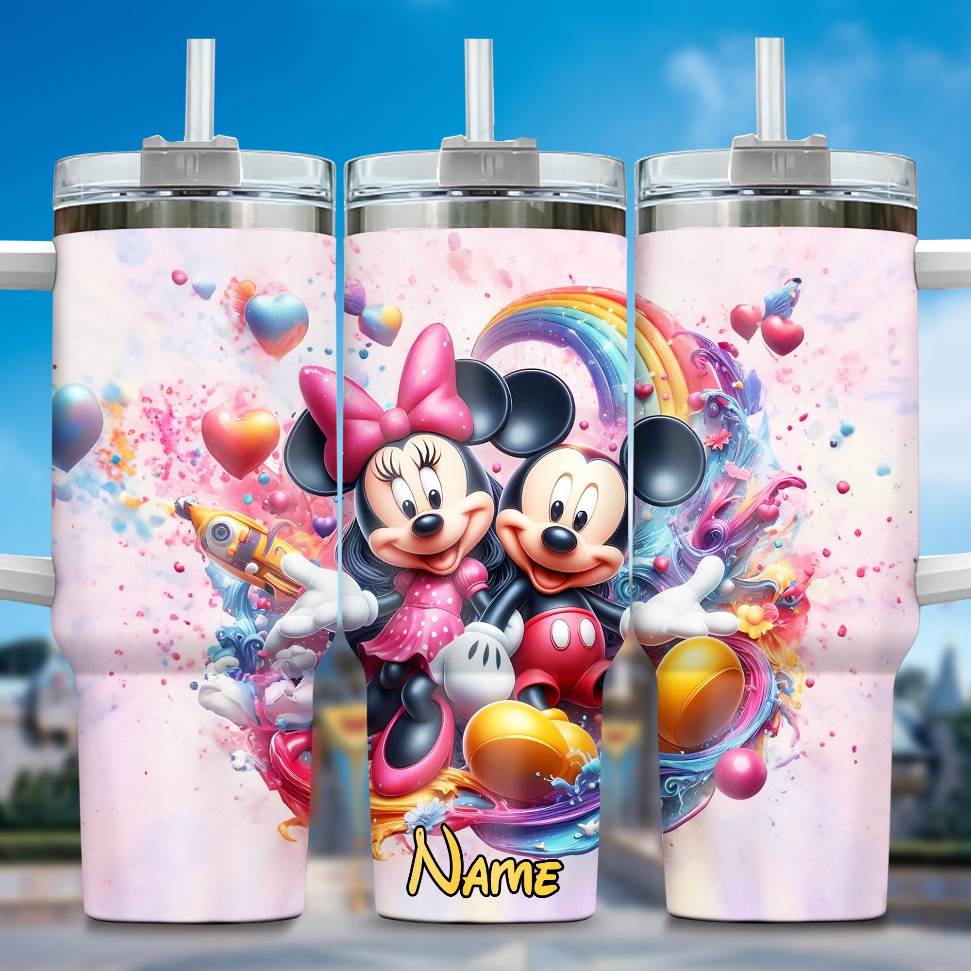 Mickey And Minnie Cartoon Custom Stanley Quencher 40oz Stainless Steel Tumbler With Handle