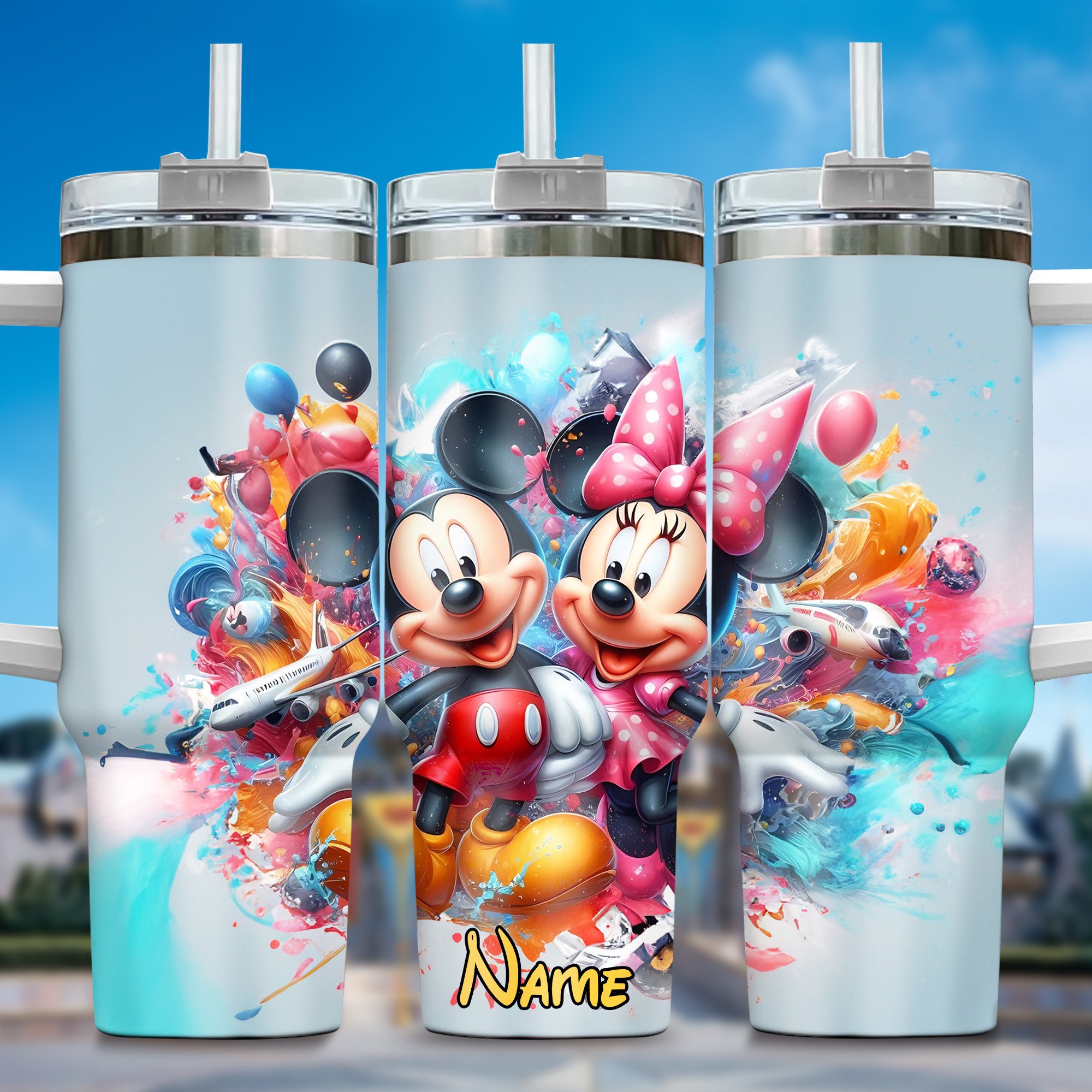 Mickey And Minnie Cartoon Custom Stanley Quencher 40oz Stainless Steel Tumbler With Handle