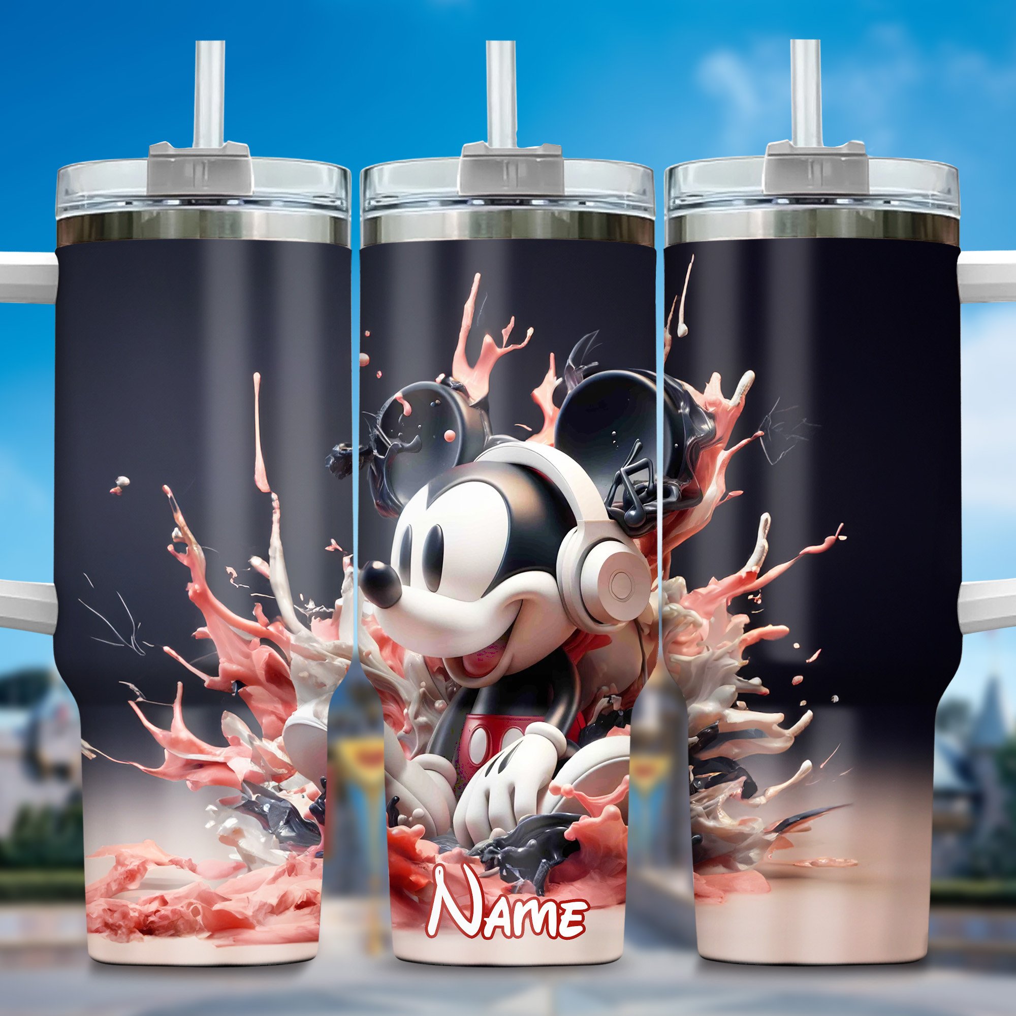 Mickey And Minnie Cartoon Custom Stanley Quencher 40oz Stainless Steel Tumbler With Handle