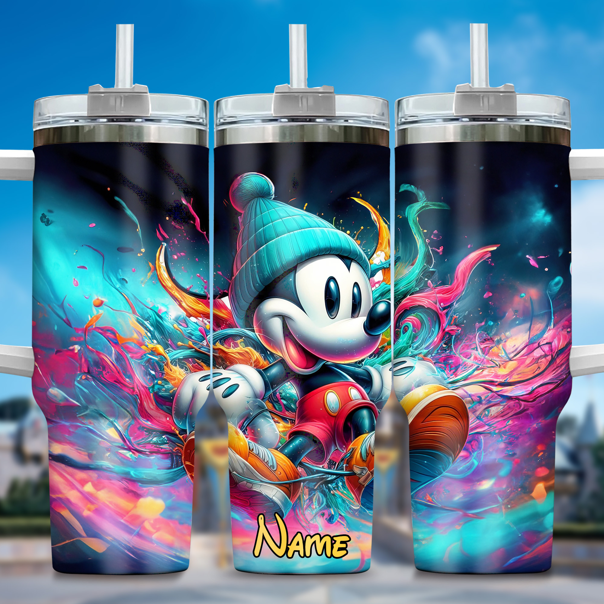 Mickey And Minnie Cartoon Custom Stanley Quencher 40oz Stainless Steel Tumbler With Handle