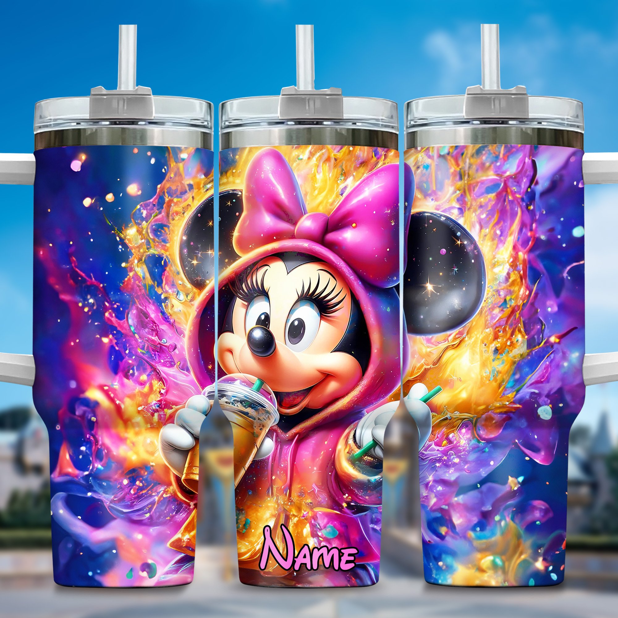 Mickey And Minnie Cartoon Custom Stanley Quencher 40oz Stainless Steel Tumbler With Handle