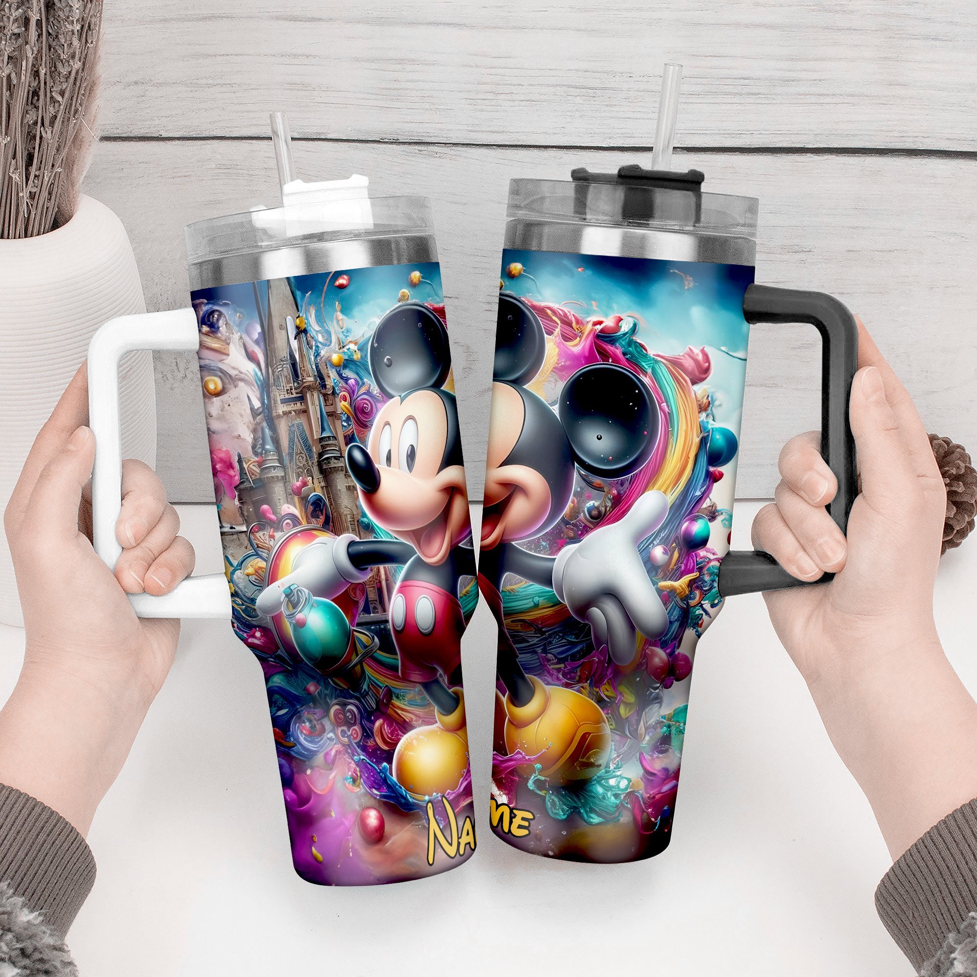 Mickey And Minnie Cartoon Custom Stanley Quencher 40oz Stainless Steel Tumbler With Handle