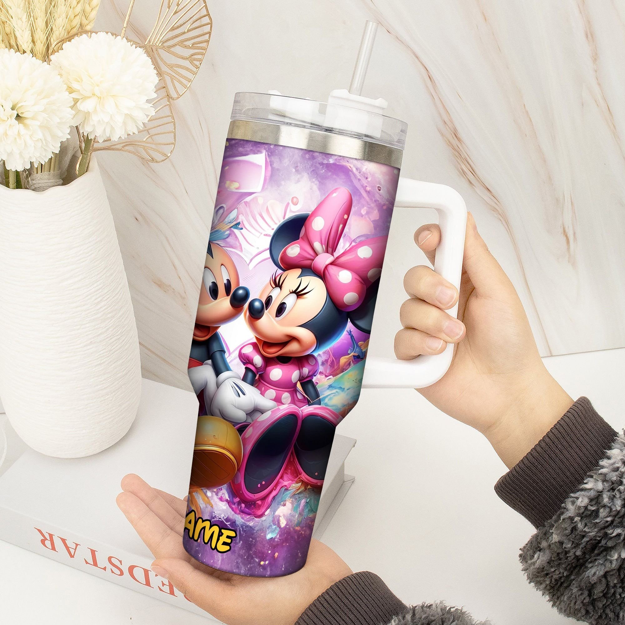 Mickey And Minnie Cartoon Custom Stanley Quencher 40oz Stainless Steel Tumbler With Handle