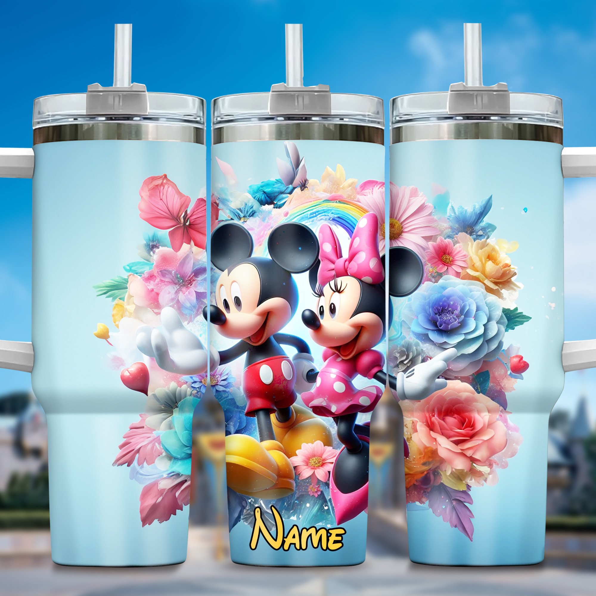 Mickey And Minnie Cartoon Custom Stanley Quencher 40oz Stainless Steel Tumbler With Handle