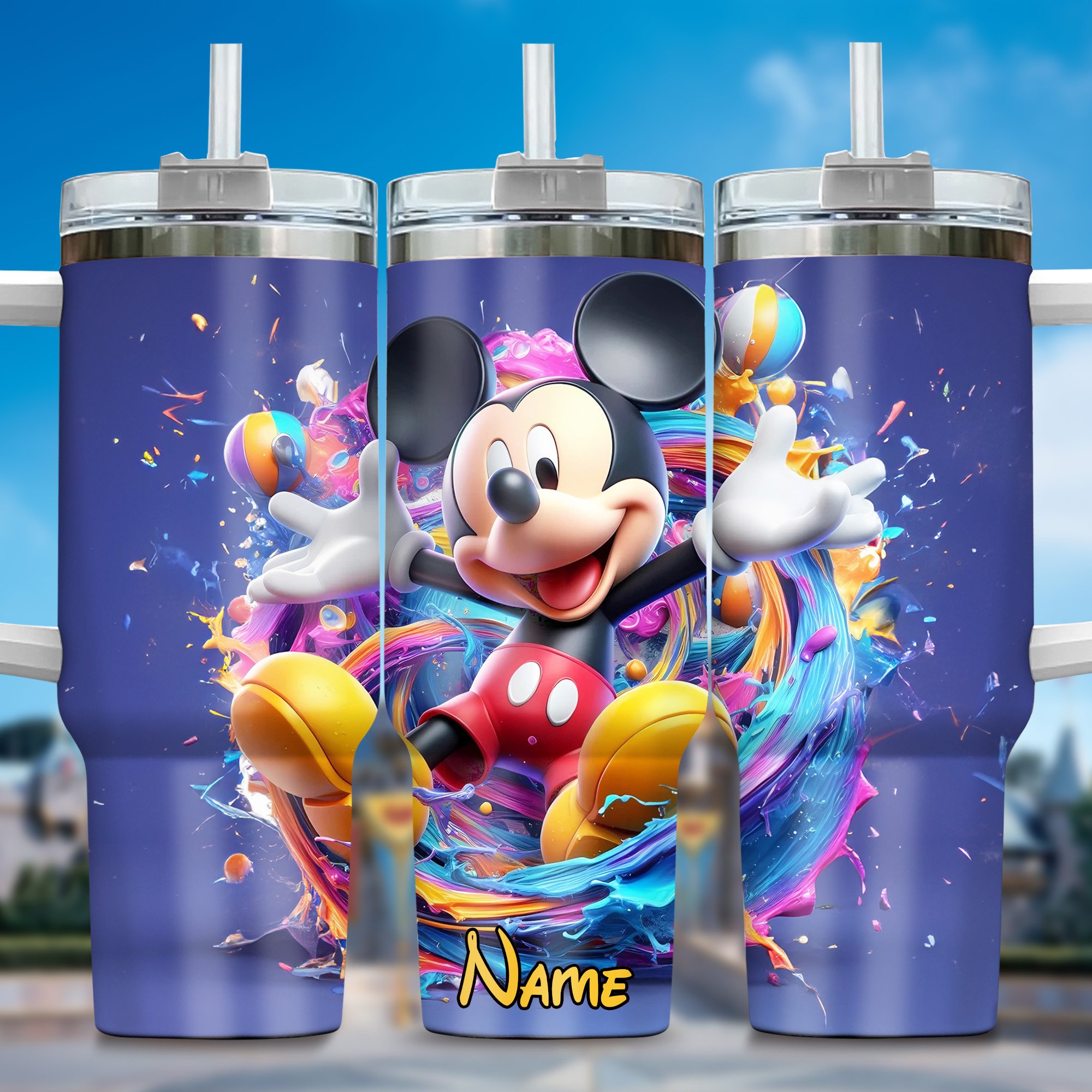 Mickey And Minnie Cartoon Custom Stanley Quencher 40oz Stainless Steel Tumbler With Handle