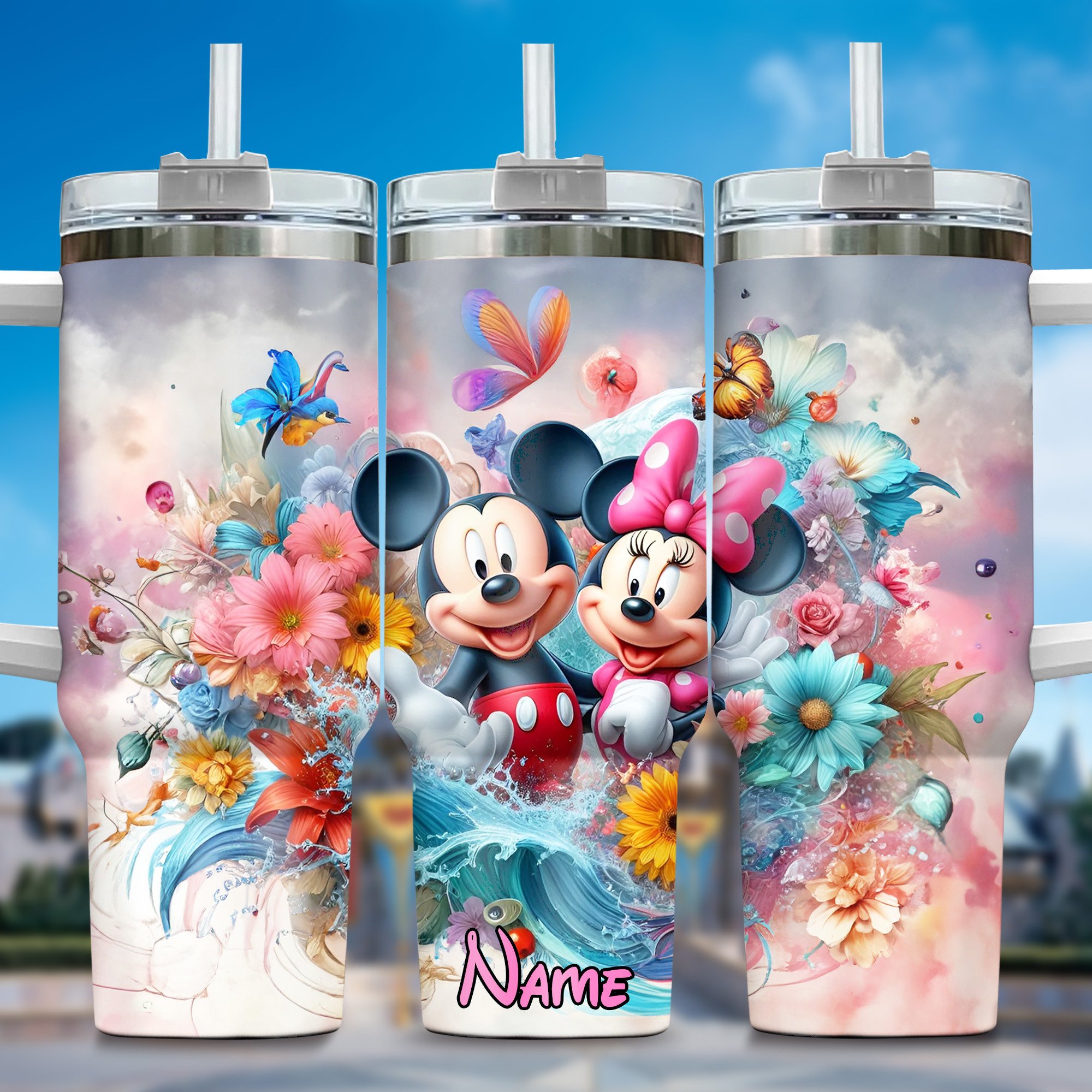 Mickey And Minnie Cartoon Custom Stanley Quencher 40oz Stainless Steel Tumbler With Handle