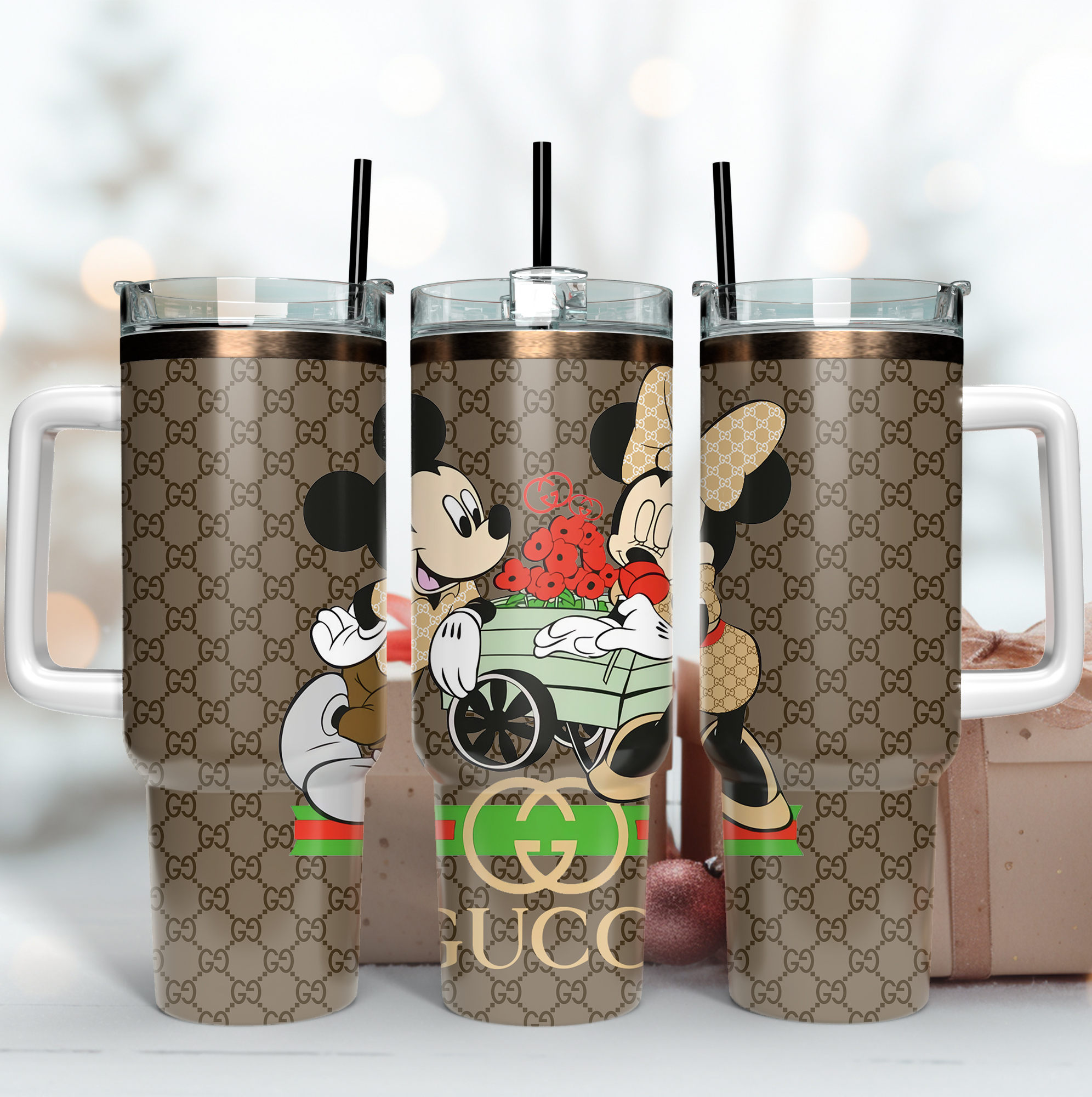 Mickey and Minnie Gucci Pattern Custom Stanley Quencher 40oz Stainless Steel Tumbler With Handle