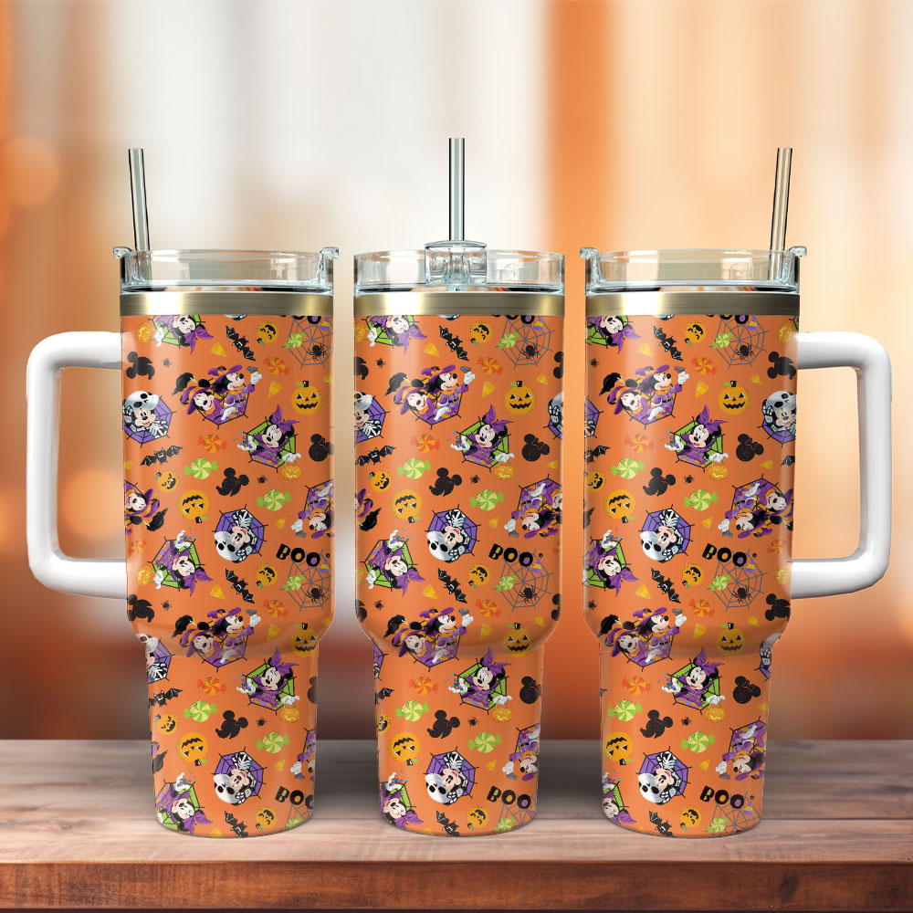 Mickey And Minnie Halloween Cartoon Custom Stanley Quencher 40oz Stainless Steel Tumbler With Handle