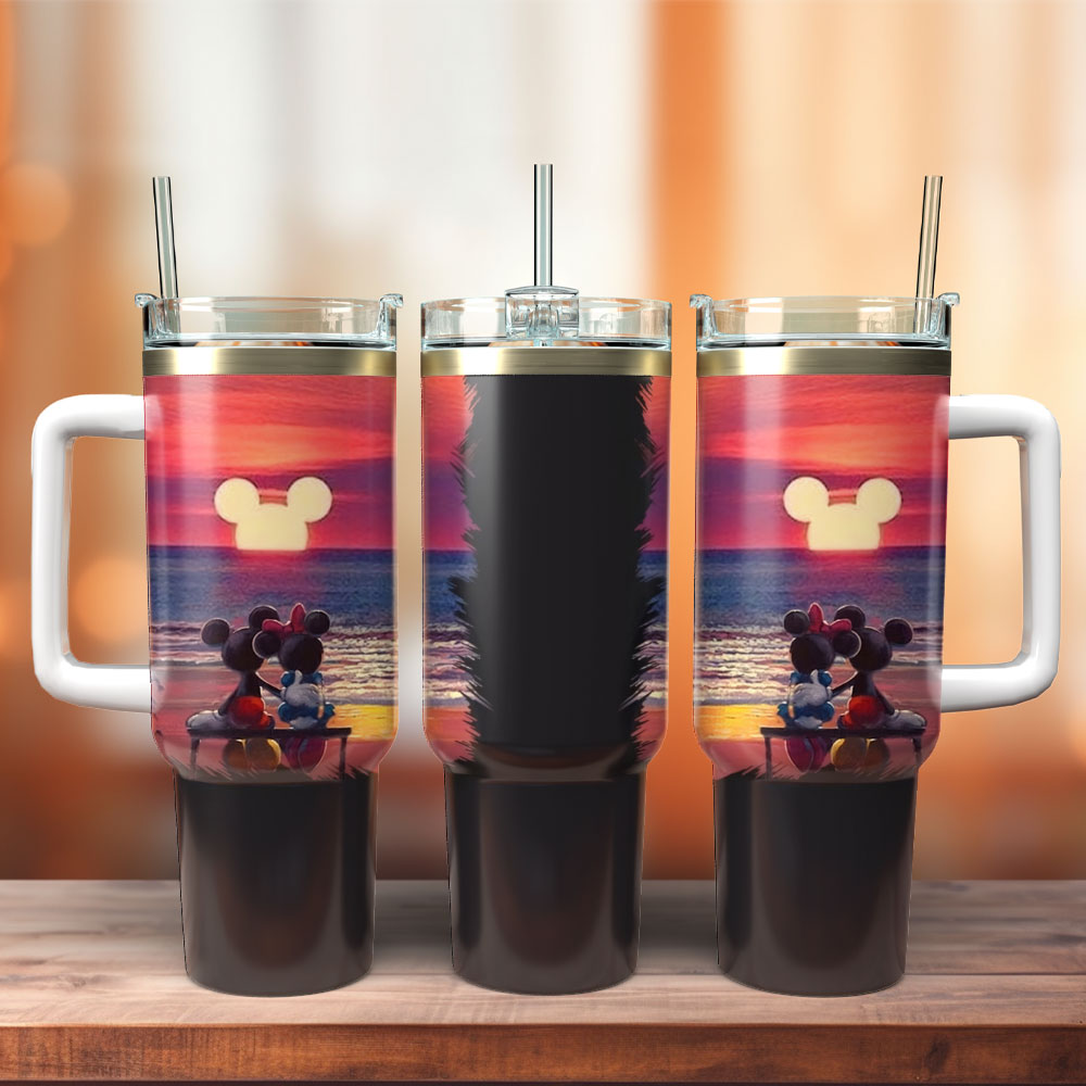 Mickey And Minnie Mouse Cartoon Custom Stanley Quencher 40oz Stainless Steel Tumbler With Handle