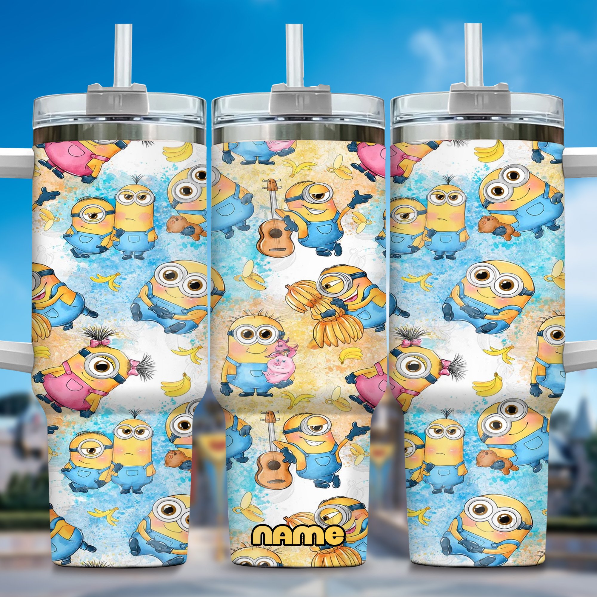 Minion Cartoon Custom Stanley Quencher 40oz Stainless Steel Tumbler With Handle