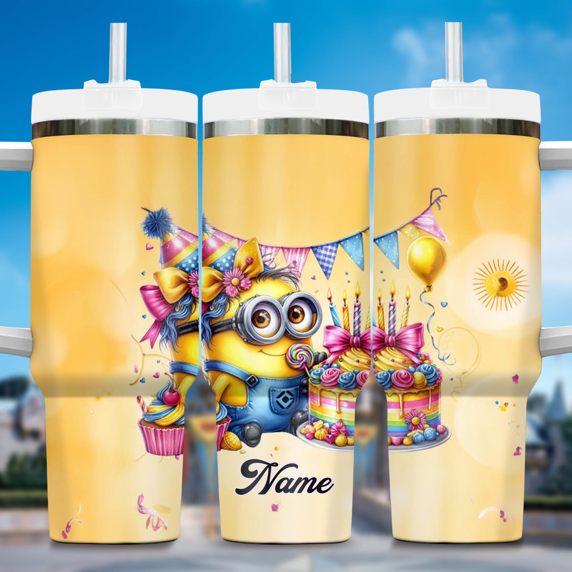 Minions Cartoon Custom Stanley Quencher 40oz Stainless Steel Tumbler With Handle
