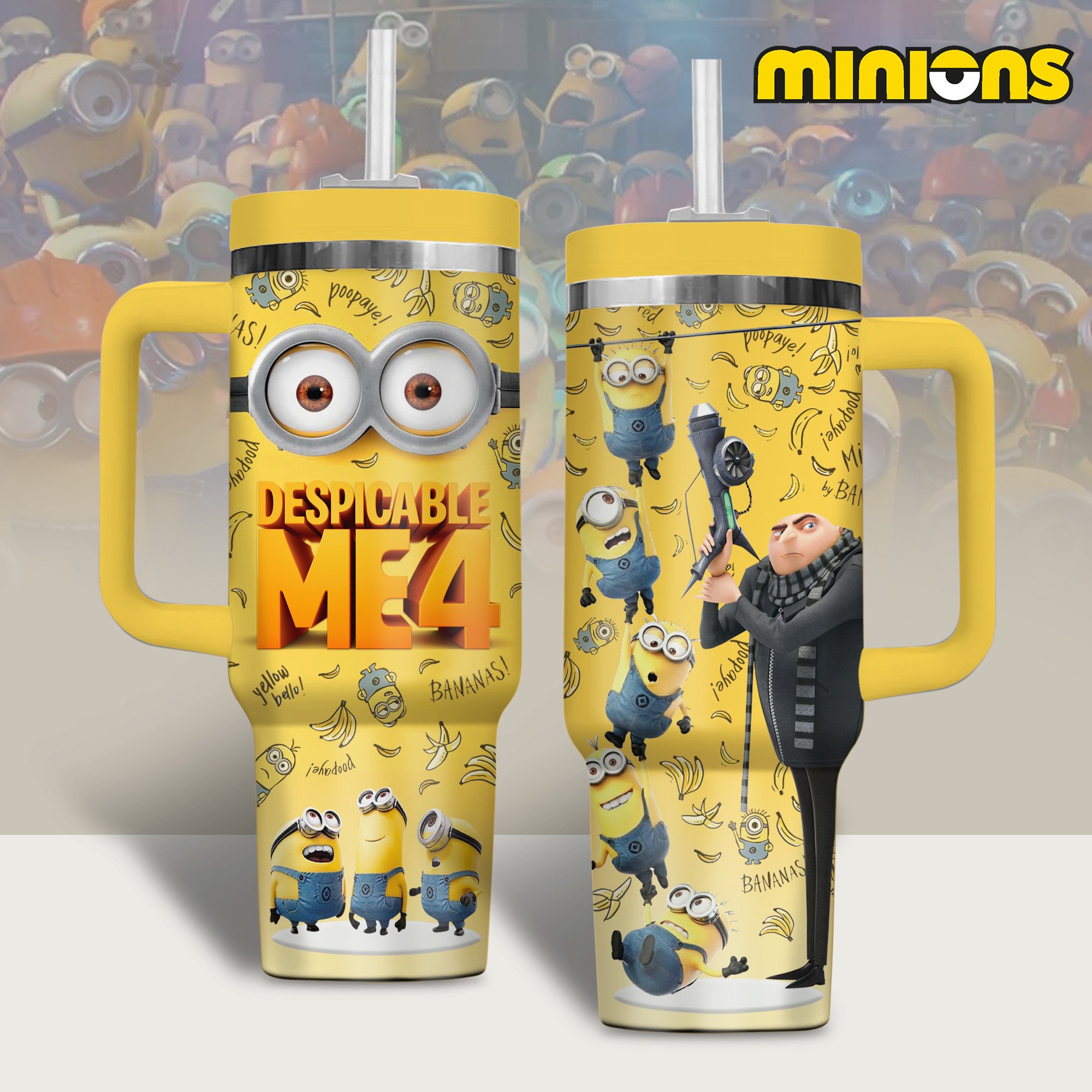 Minions Cartoon Custom Stanley Quencher 40oz Stainless Steel Tumbler With Handle