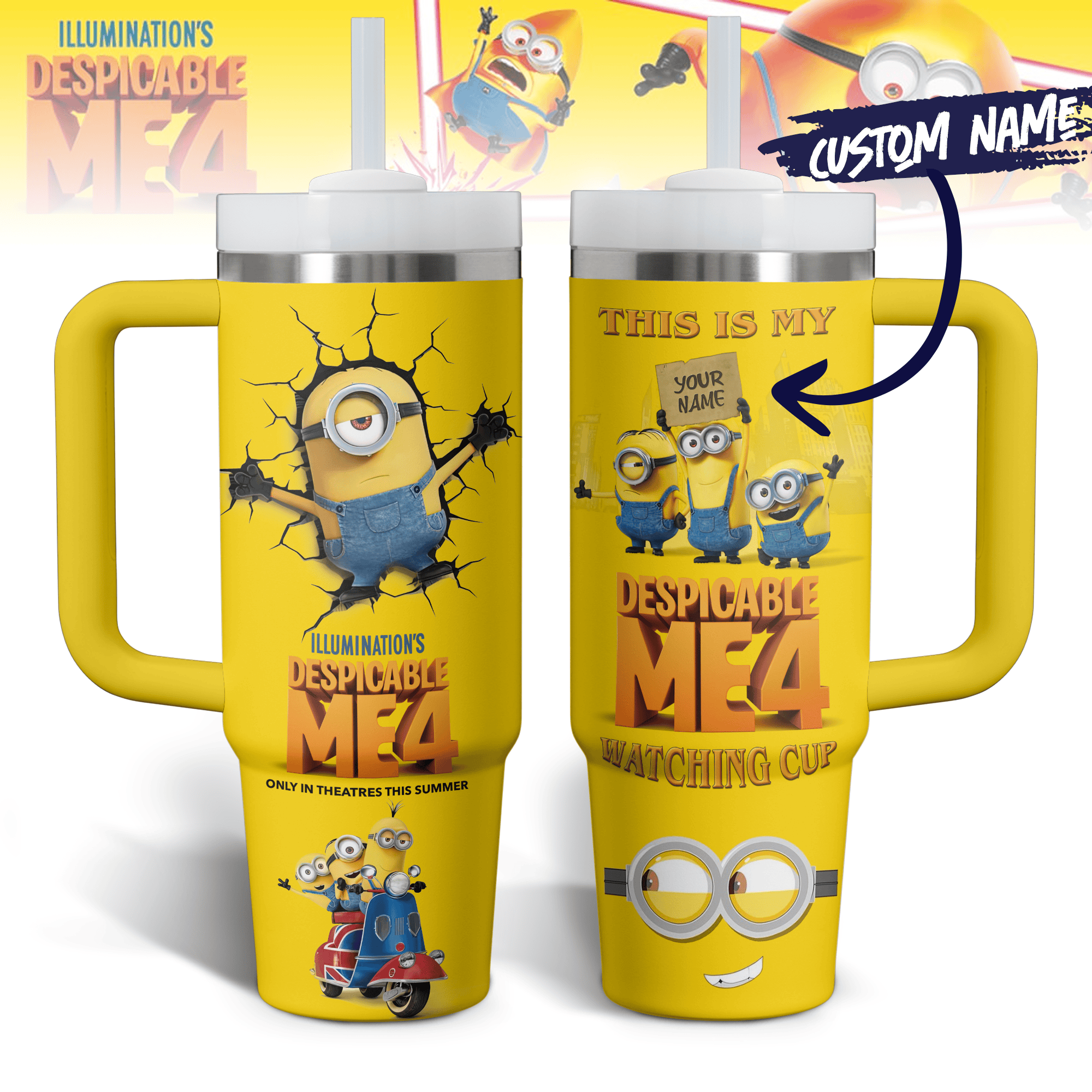Minions Cartoon Custom Stanley Quencher 40oz Stainless Steel Tumbler With Handle