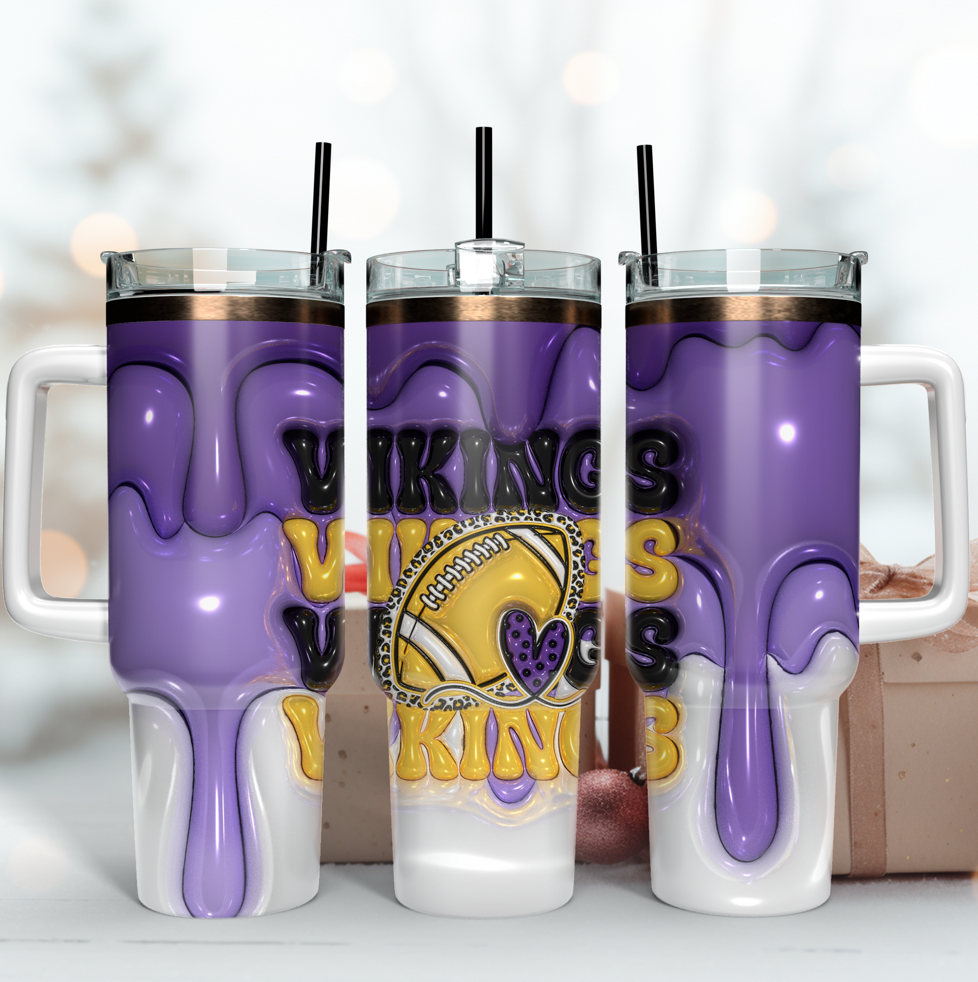 Minnesota Vikings NFL 3D Inflated Puff Effect Custom Stanley Quencher 40oz Stainless Steel Tumbler With Handle