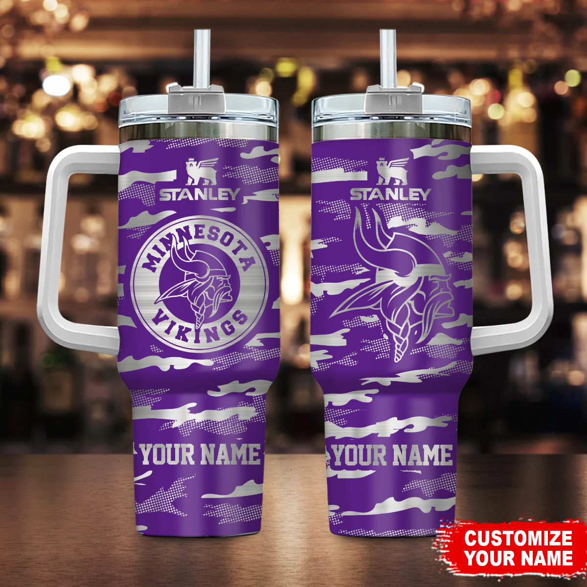 Minnesota Vikings NFL Camo Pattern Custom Stanley Quencher 40oz Stainless Steel Tumbler With Handle