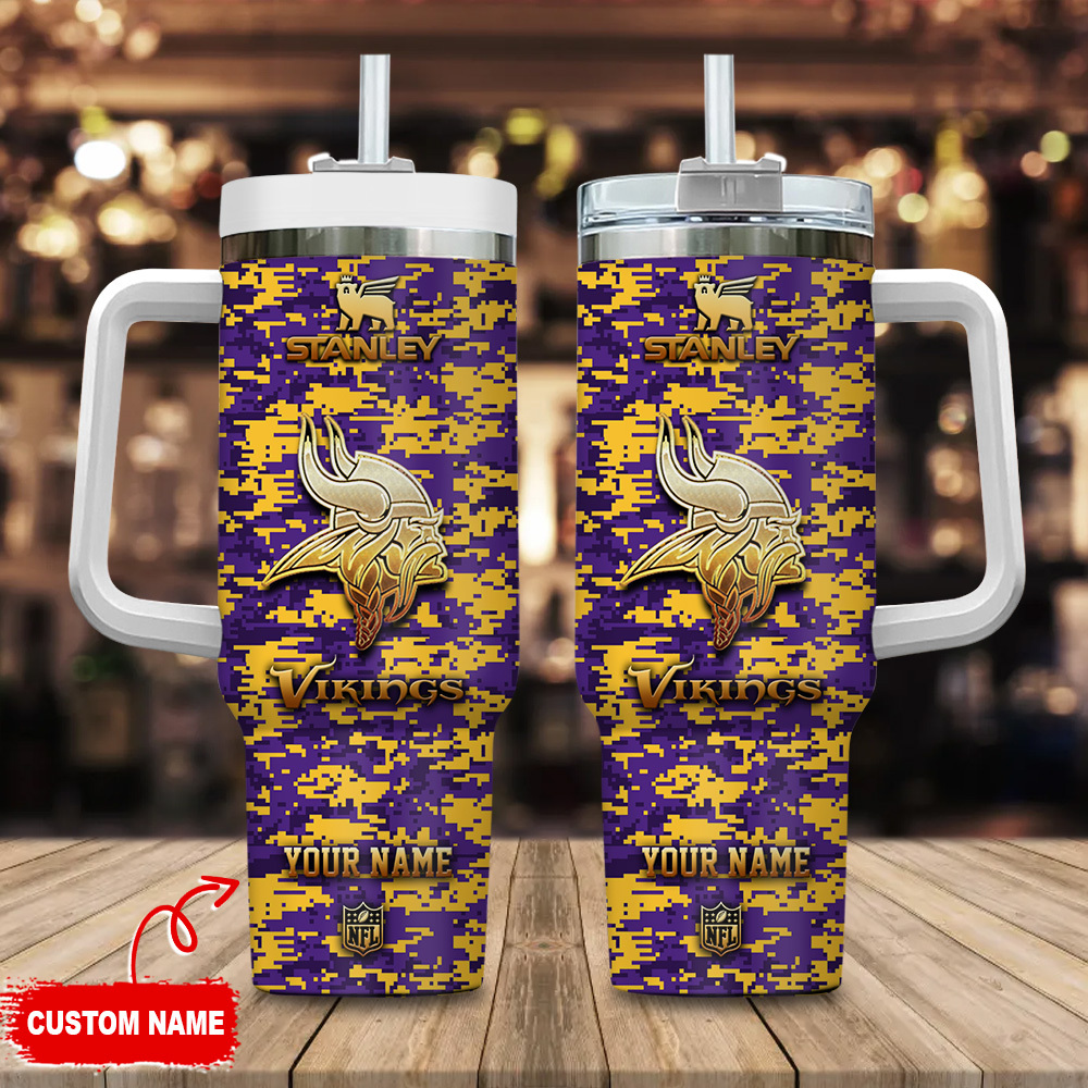Minnesota Vikings NFL Camouflage Golden Logo Custom Stanley Quencher 40oz Stainless Steel Tumbler With Handle