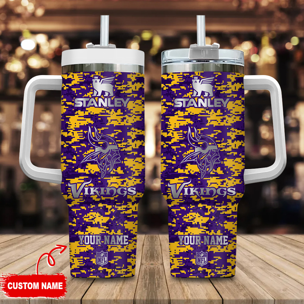 Minnesota Vikings NFL Camouflage Silver Logo Custom Stanley Quencher 40oz Stainless Steel Tumbler With Handle