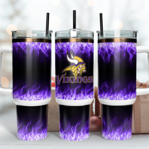 Minnesota Vikings NFL Fire Effect Custom Stanley Quencher 40oz Stainless Steel Tumbler With Handle