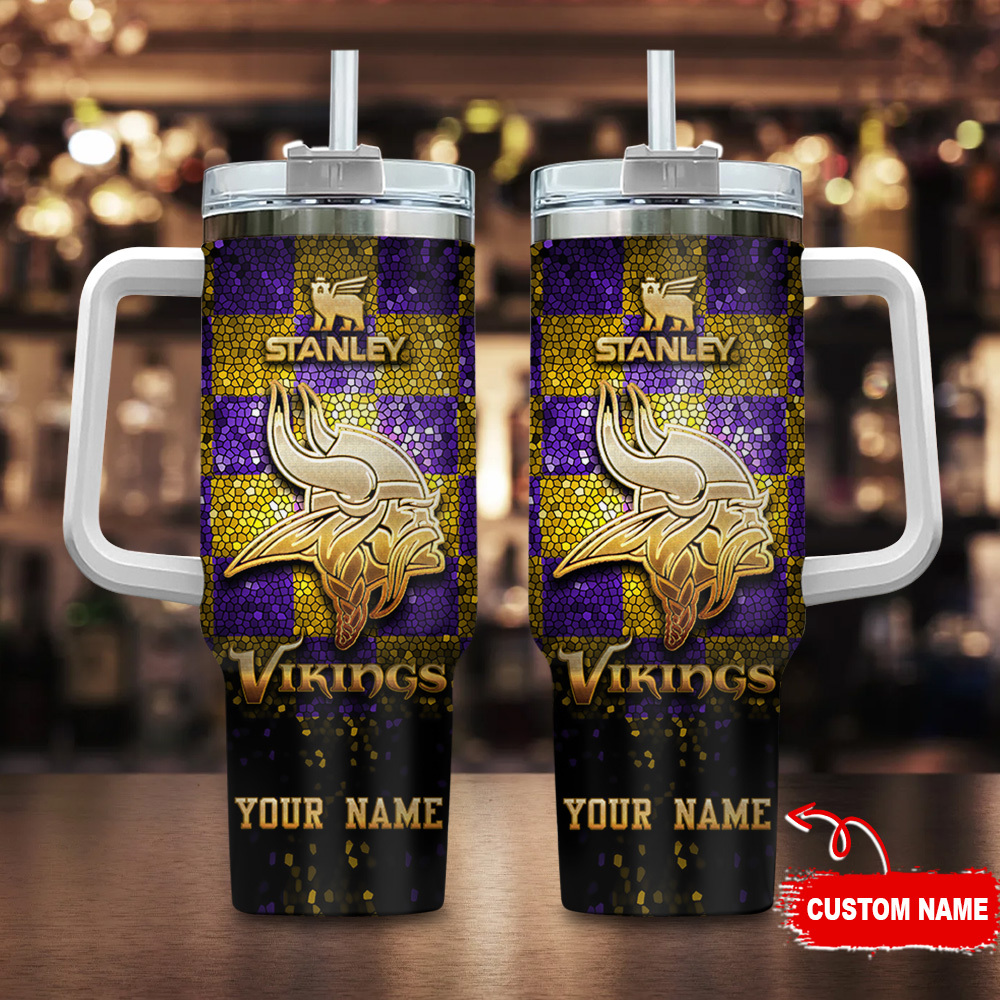 Minnesota Vikings NFL Glitter Golden Logo Custom Stanley Quencher 40oz Stainless Steel Tumbler With Handle