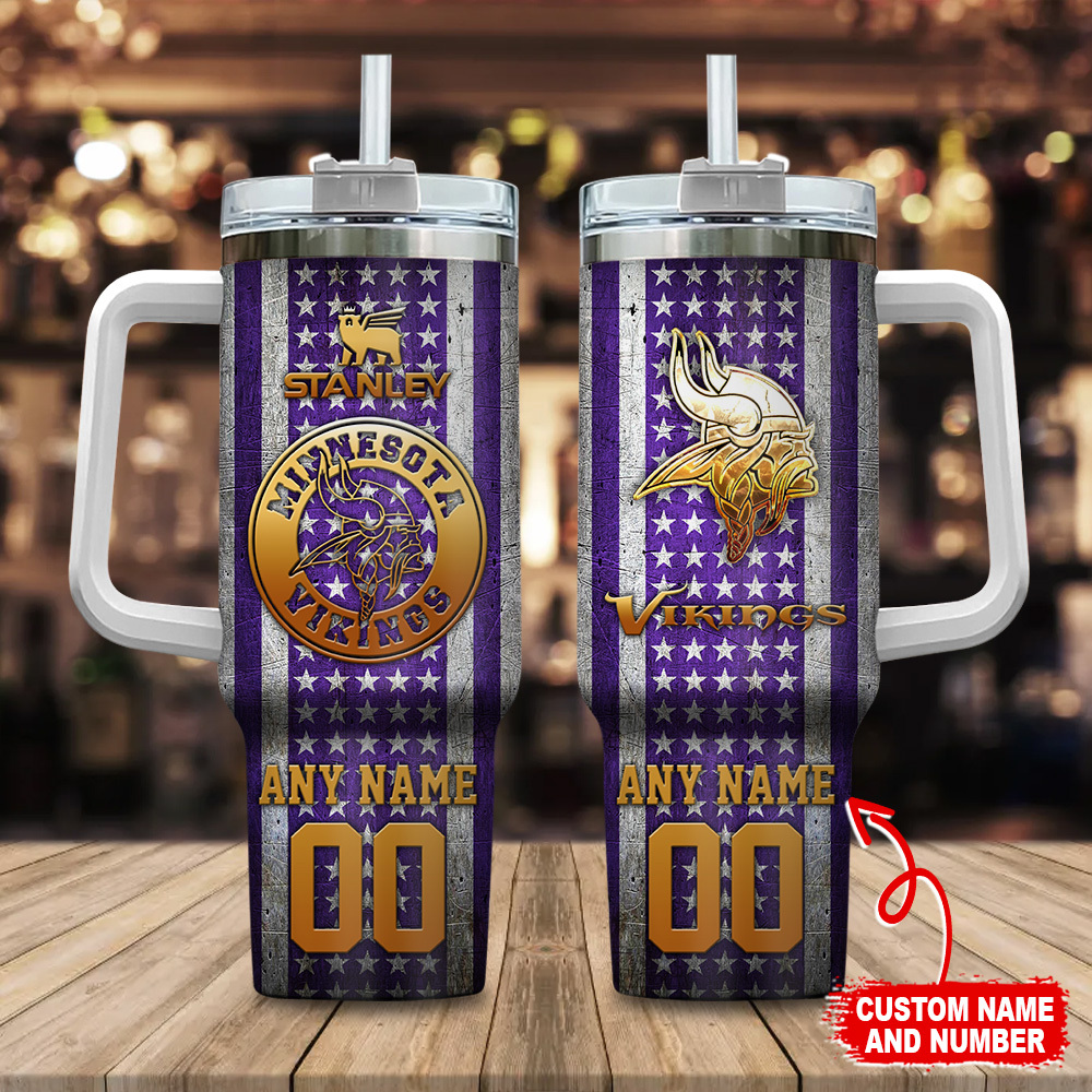 Minnesota Vikings NFL Golden Logos US Flag Custom Stanley Quencher 40oz Stainless Steel Tumbler With Handle