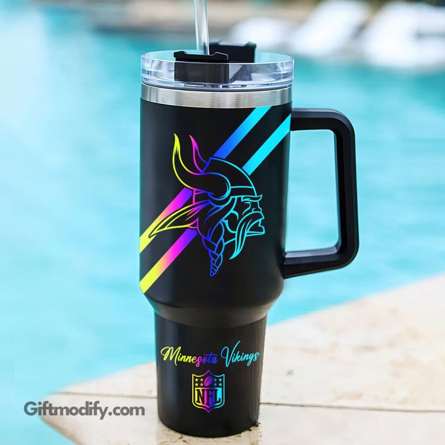 Minnesota Vikings NFL Hologram Logo Custom Stanley Quencher 40oz Stainless Steel Tumbler With Handle
