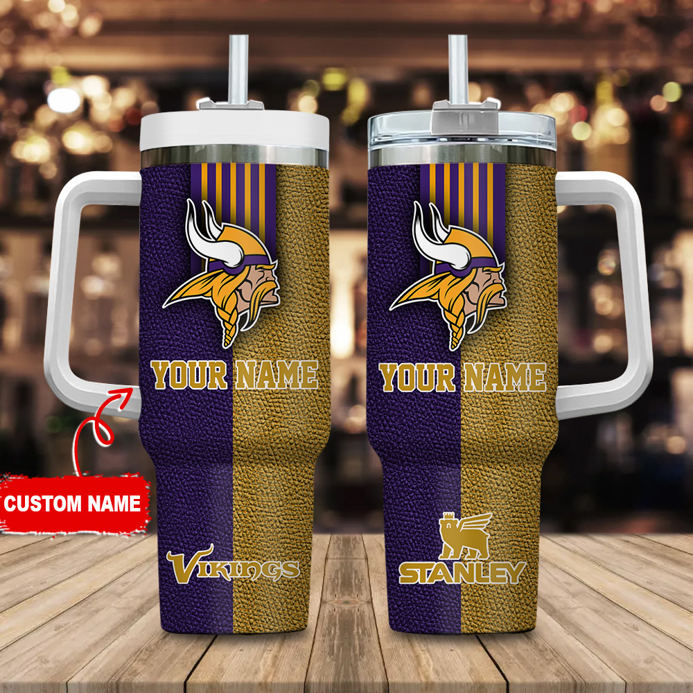 Minnesota Vikings NFL Leather Effect Custom Stanley Quencher 40oz Stainless Steel Tumbler With Handle