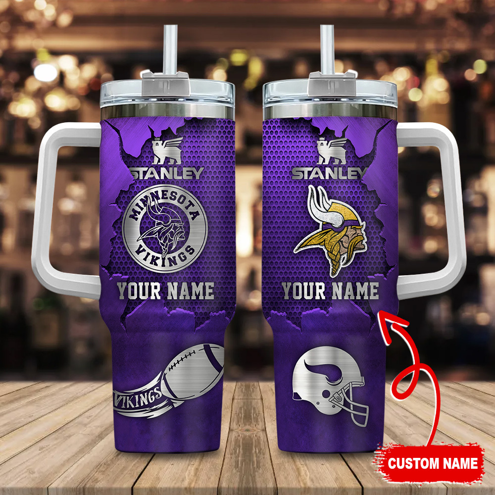 Minnesota Vikings NFL Metal Style Custom Stanley Quencher 40oz Stainless Steel Tumbler With Handle