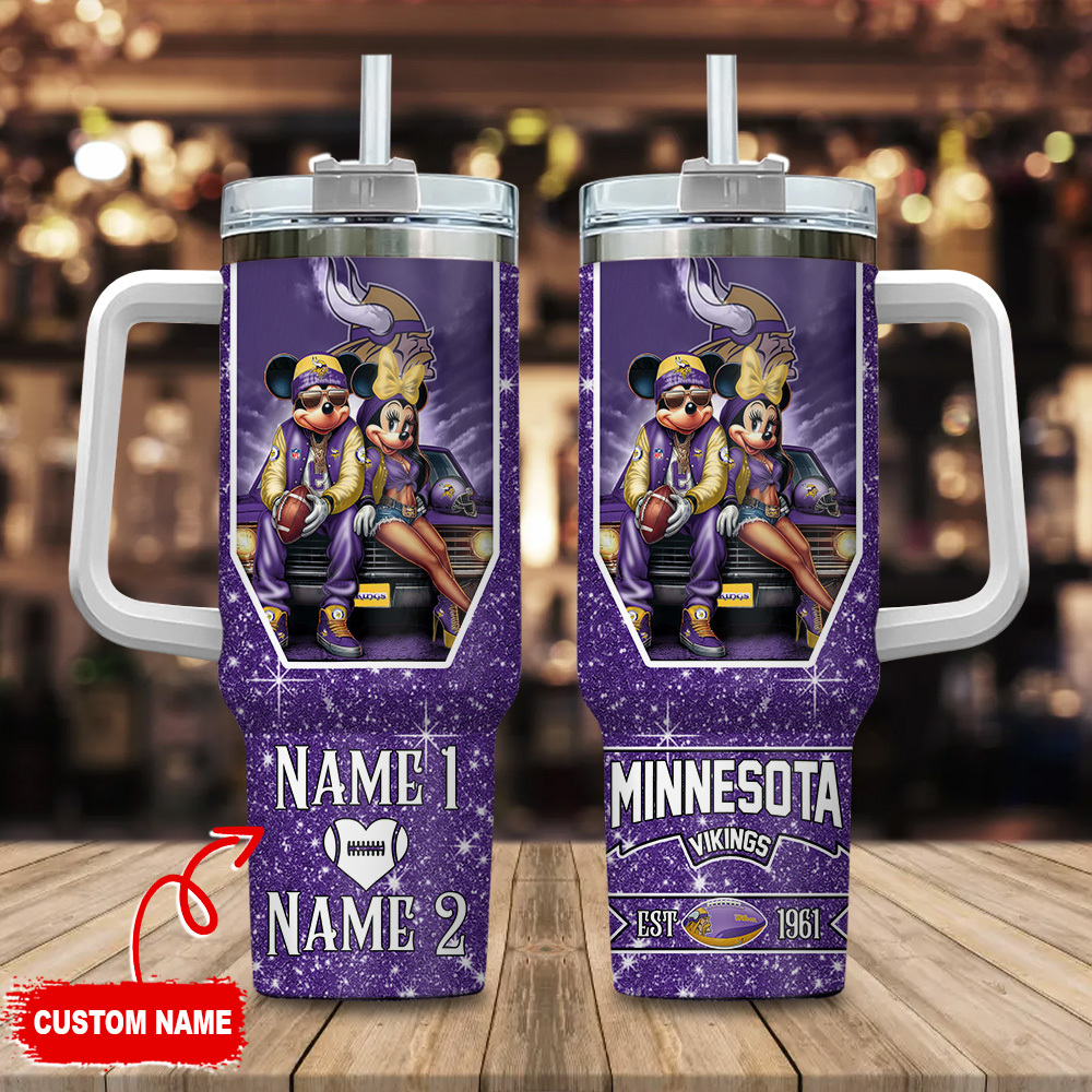 Minnesota Vikings NFL Mickey And Minnie Couple Custom Stanley Quencher 40oz Stainless Steel Tumbler With Handle