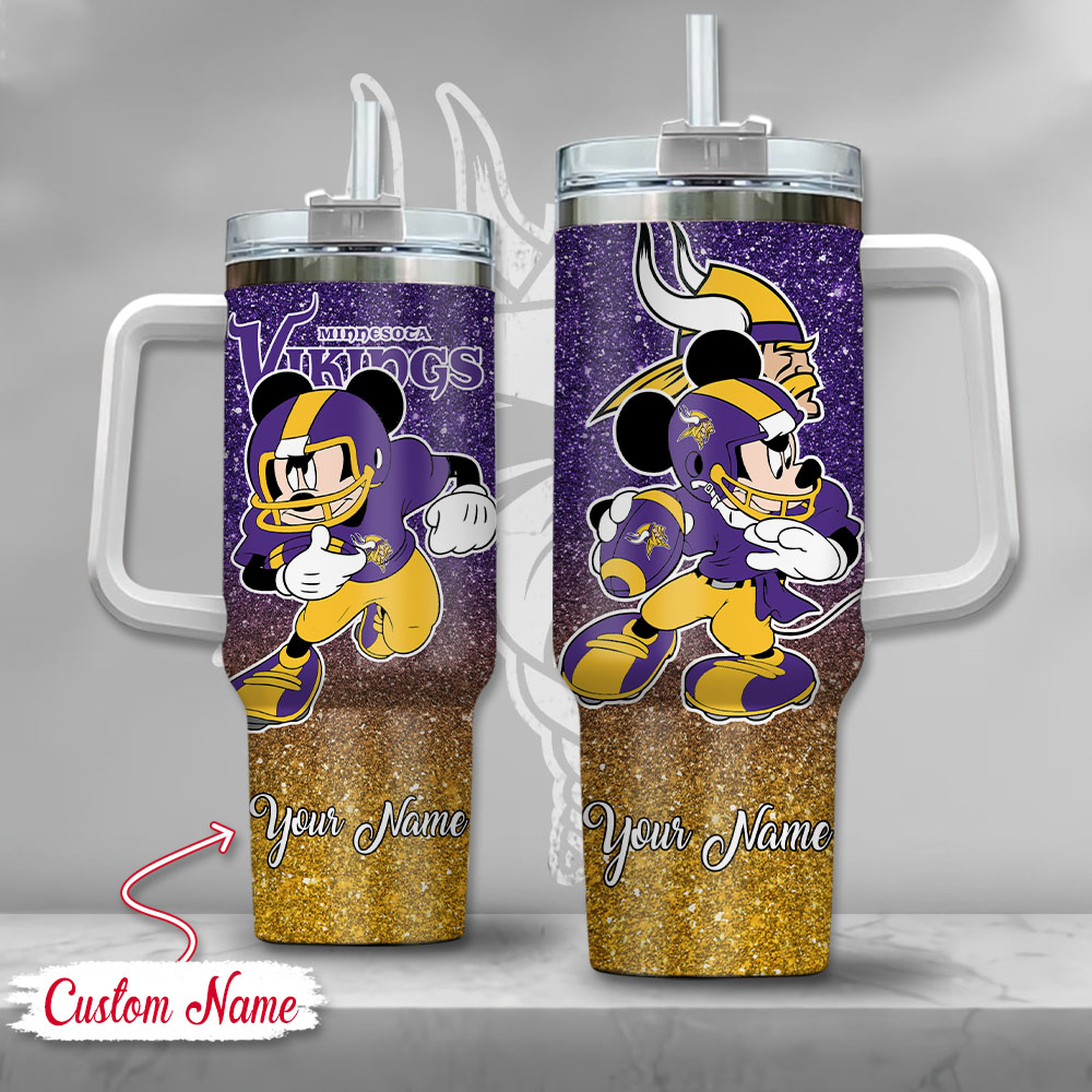 Minnesota Vikings NFL Mickey Mouse Glitter Custom Stanley Quencher 40oz Stainless Steel Tumbler With Handle