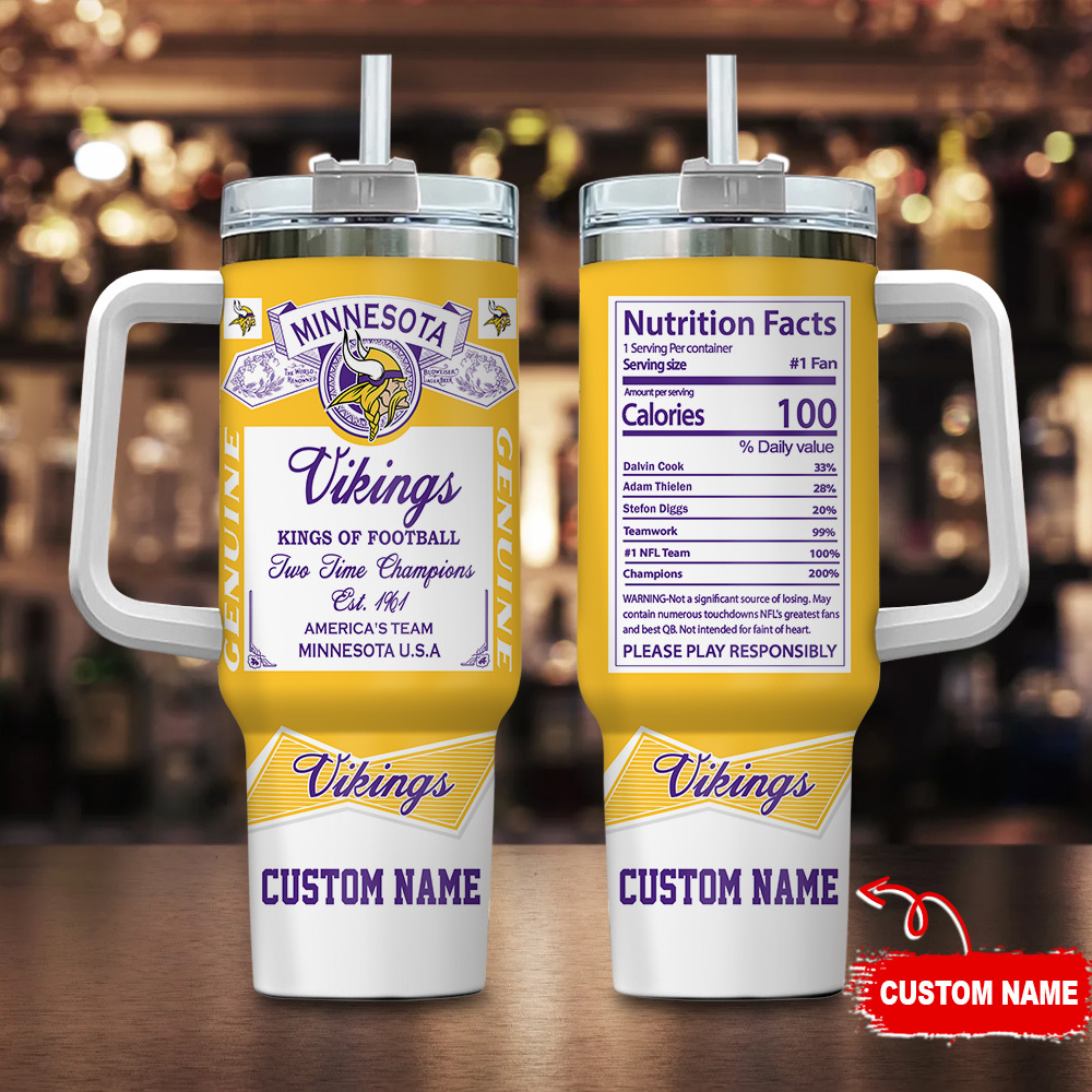 Minnesota Vikings NFL Nutrition Facts Custom Stanley Quencher 40oz Stainless Steel Tumbler With Handle
