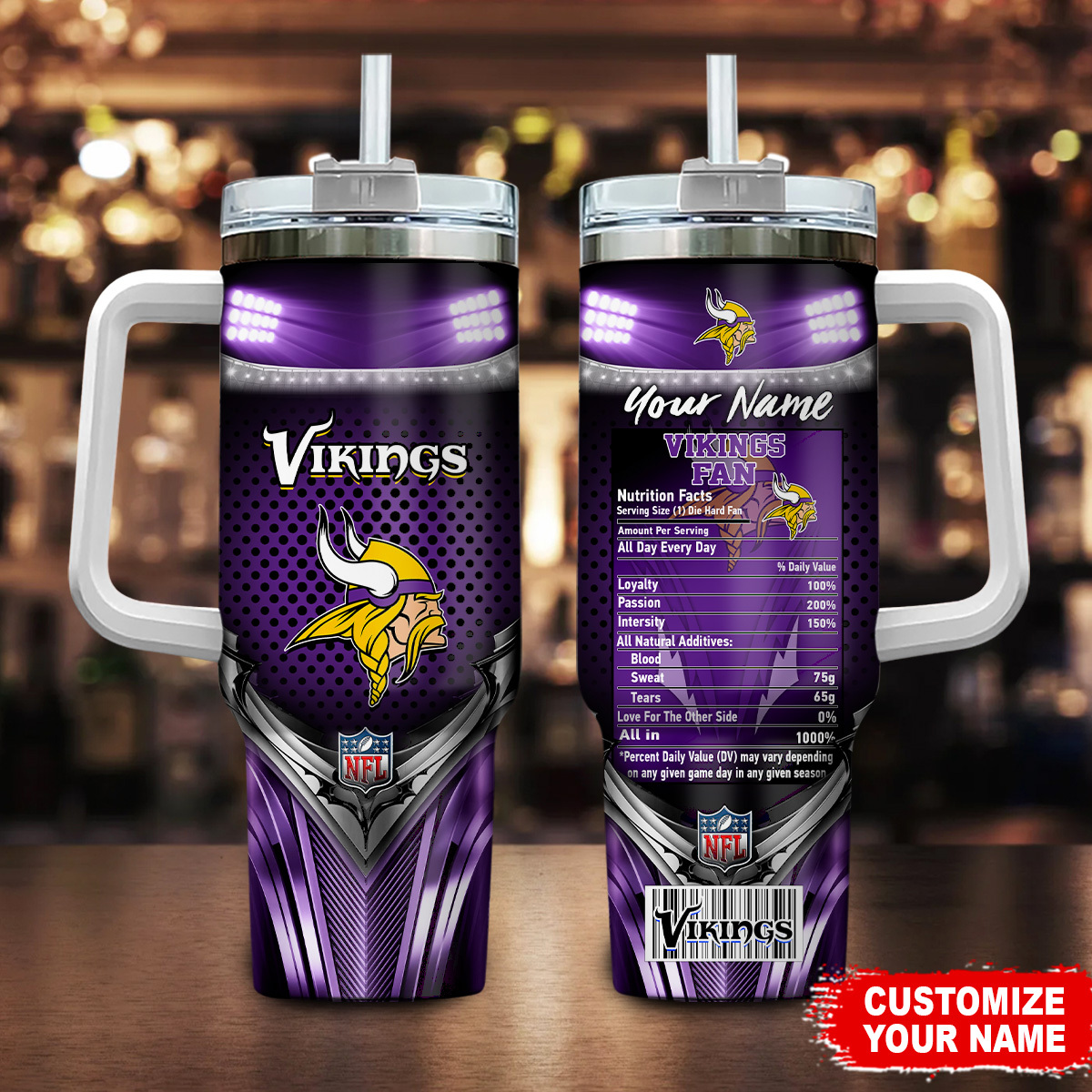 Minnesota Vikings NFL Nutrition Facts Custom Stanley Quencher 40oz Stainless Steel Tumbler With Handle
