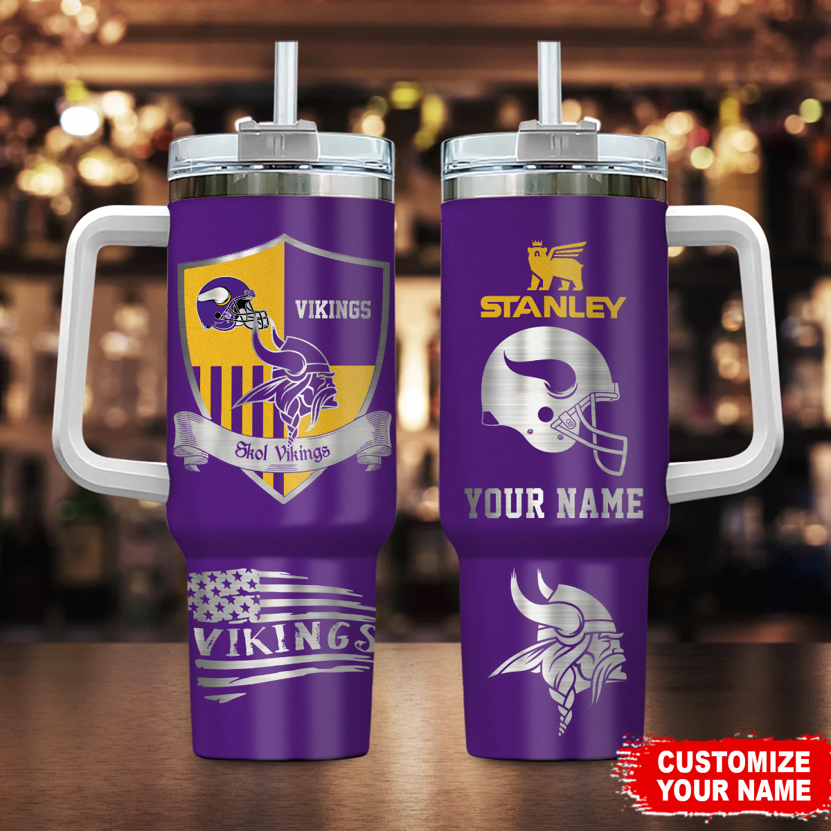 Minnesota Vikings NFL Silver Logo Custom Stanley Quencher 40oz Stainless Steel Tumbler With Handle