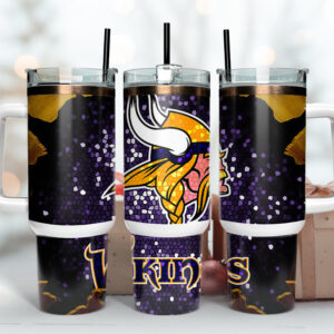 Minnesota Vikings NFL Stained Glass Effect Custom Stanley Quencher 40oz Stainless Steel Tumbler With Handle