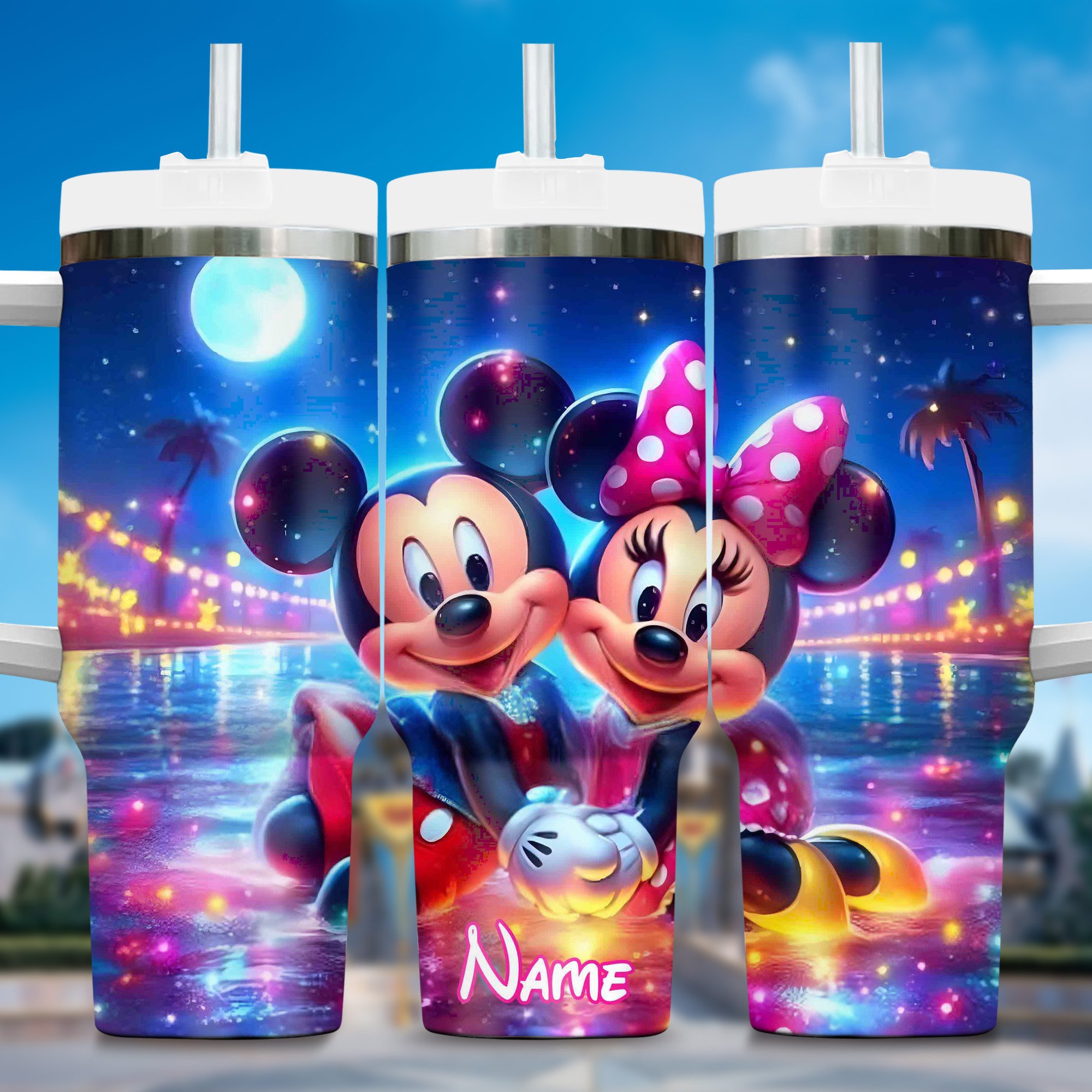 Minnie and Mickey Mouse Cartoon Custom Stanley Quencher 40oz Stainless Steel Tumbler With Handle