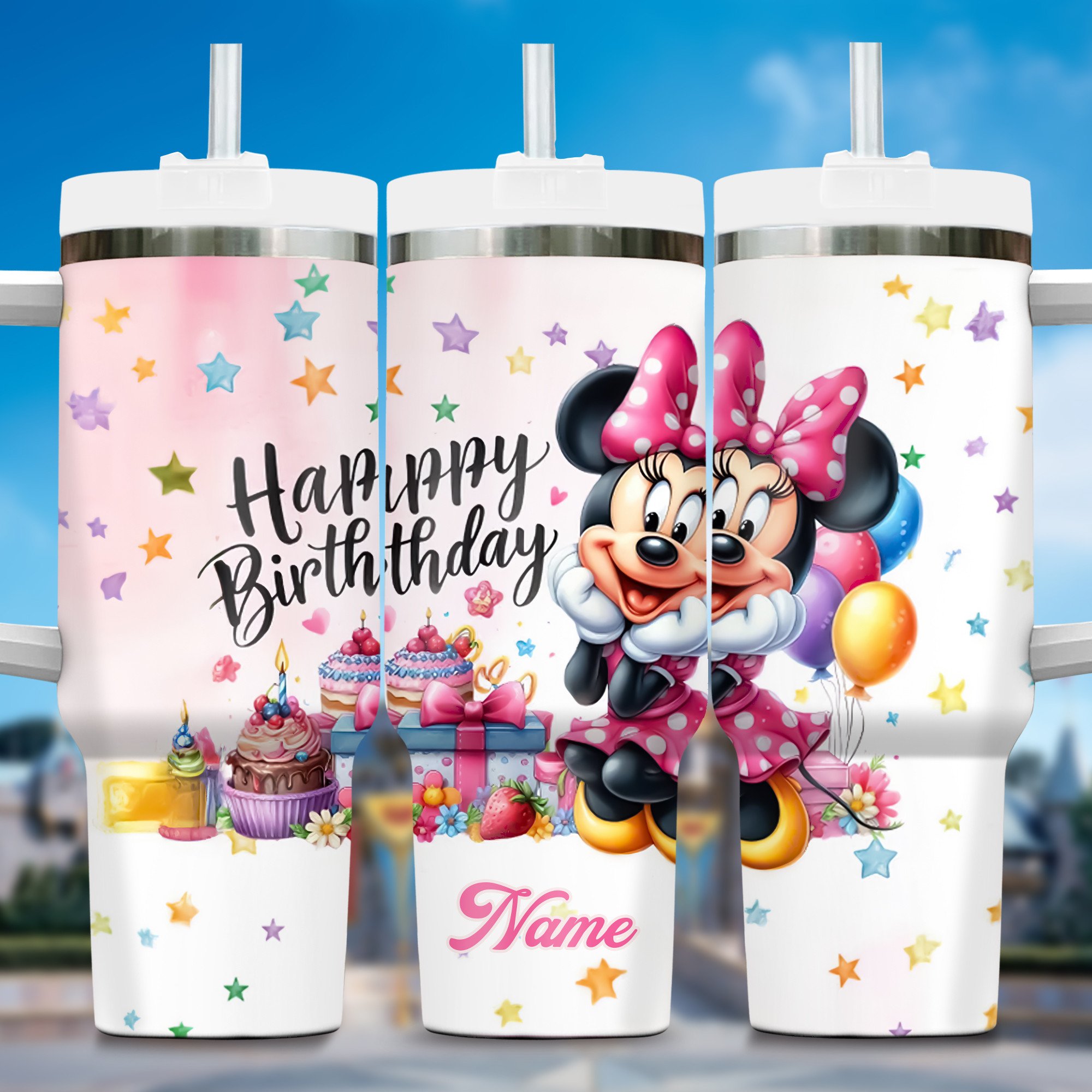 Minnie Mouse Birthday Girl Cartoon Custom Stanley Quencher 40oz Stainless Steel Tumbler With Handle