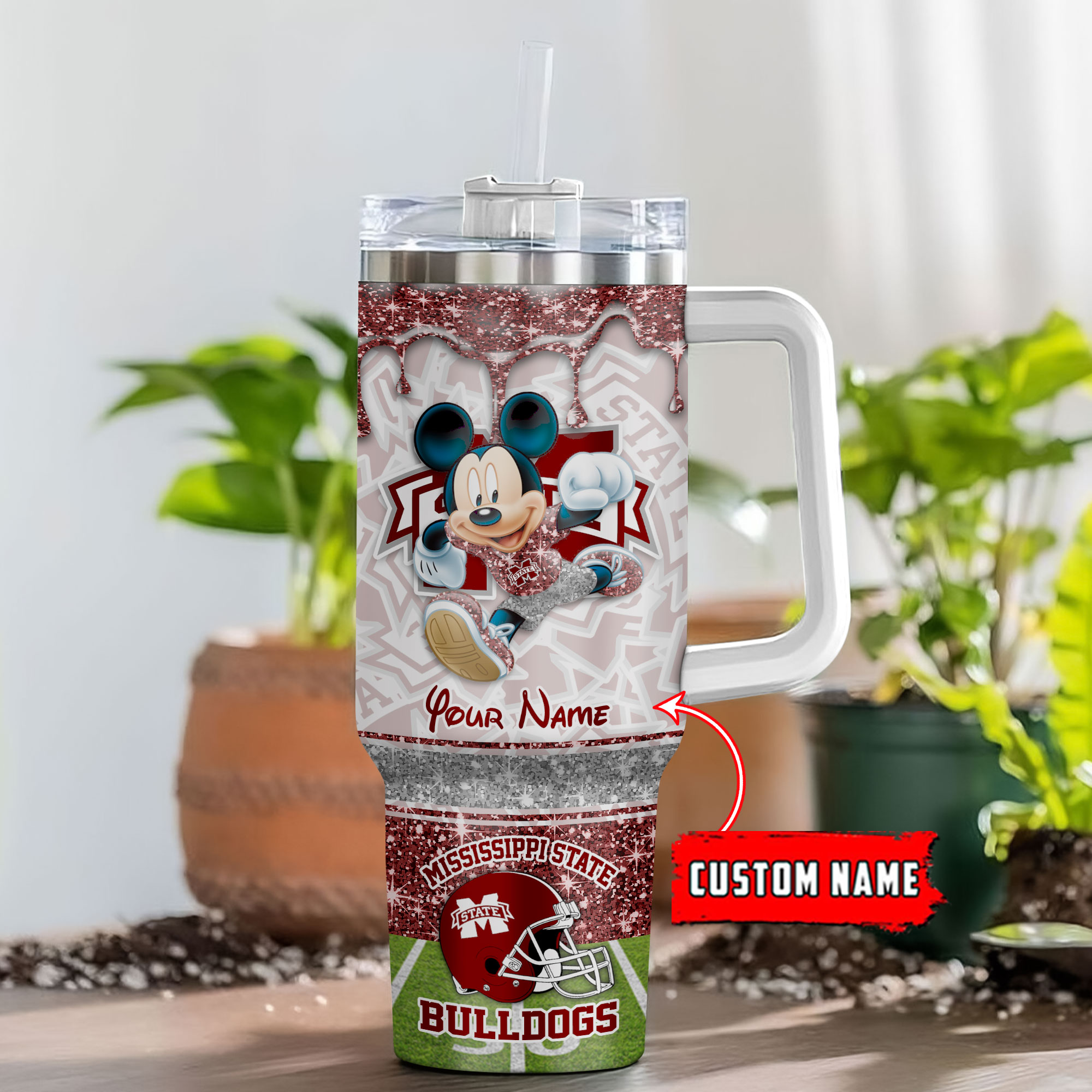 Mississippi State Bulldogs NCAA Mickey Mouse Glitter Custom Stanley Quencher 40oz Stainless Steel Tumbler With Handle